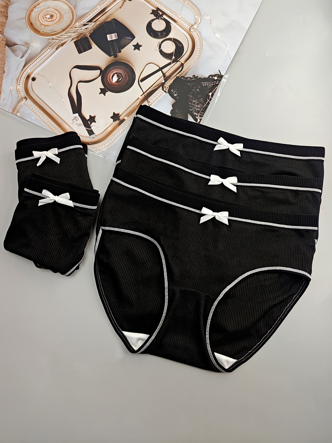 5pcs Chic Black Mid-Rise Women's Briefs with Cute White Bow Detail - Comfortable, Breathable & Sexy Ribbed Polyester Blend Panties, Hand Washable