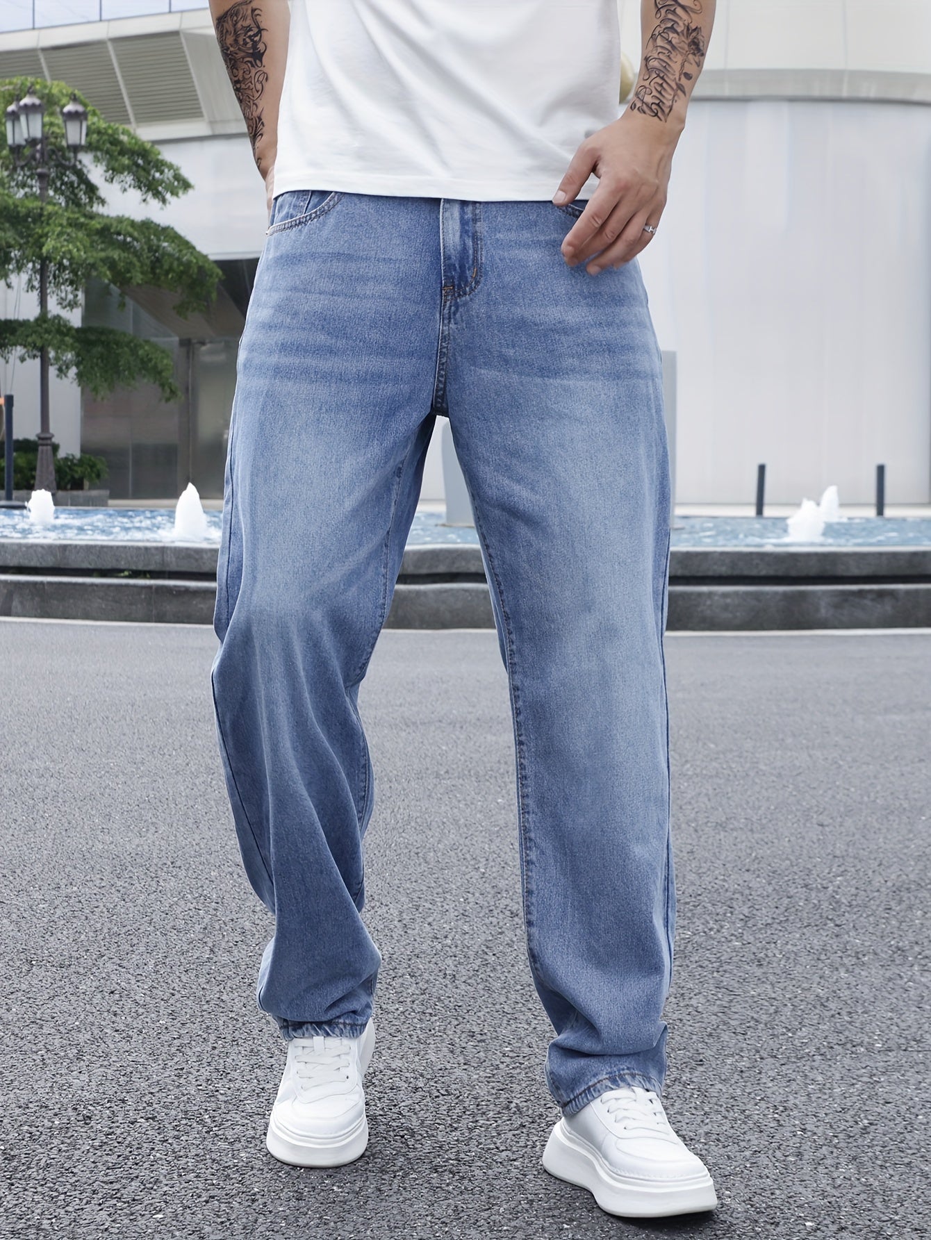 Men's Solid Loose Fit Denim Pants, Spring Fall Casual Trendy Cotton Jeans For Males