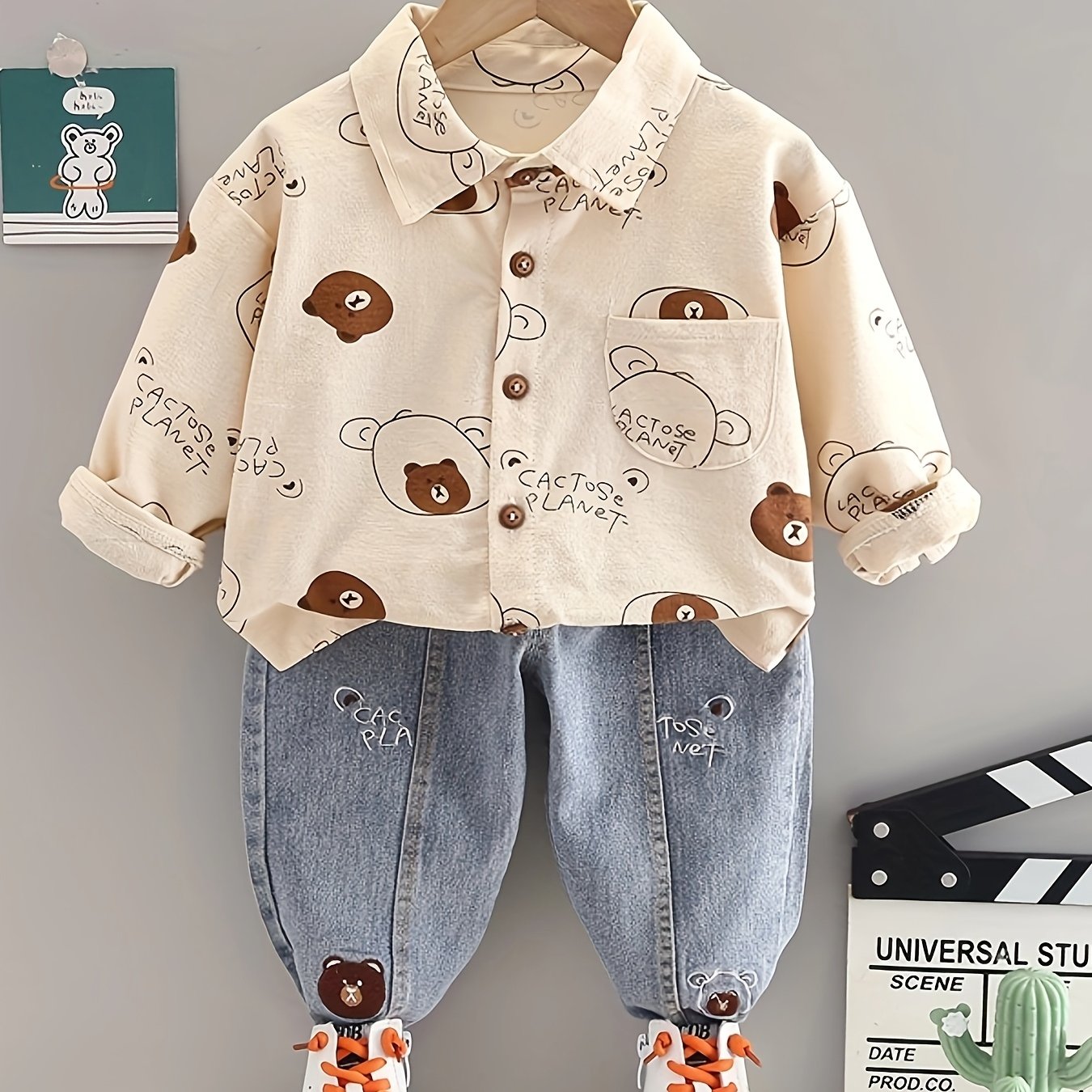Boys' Bear Print T-shirt + Jeans Set 2pcs Combination, Versatile and Fashionable Casual Daily and Festival Wear, Perfect for Outdoor