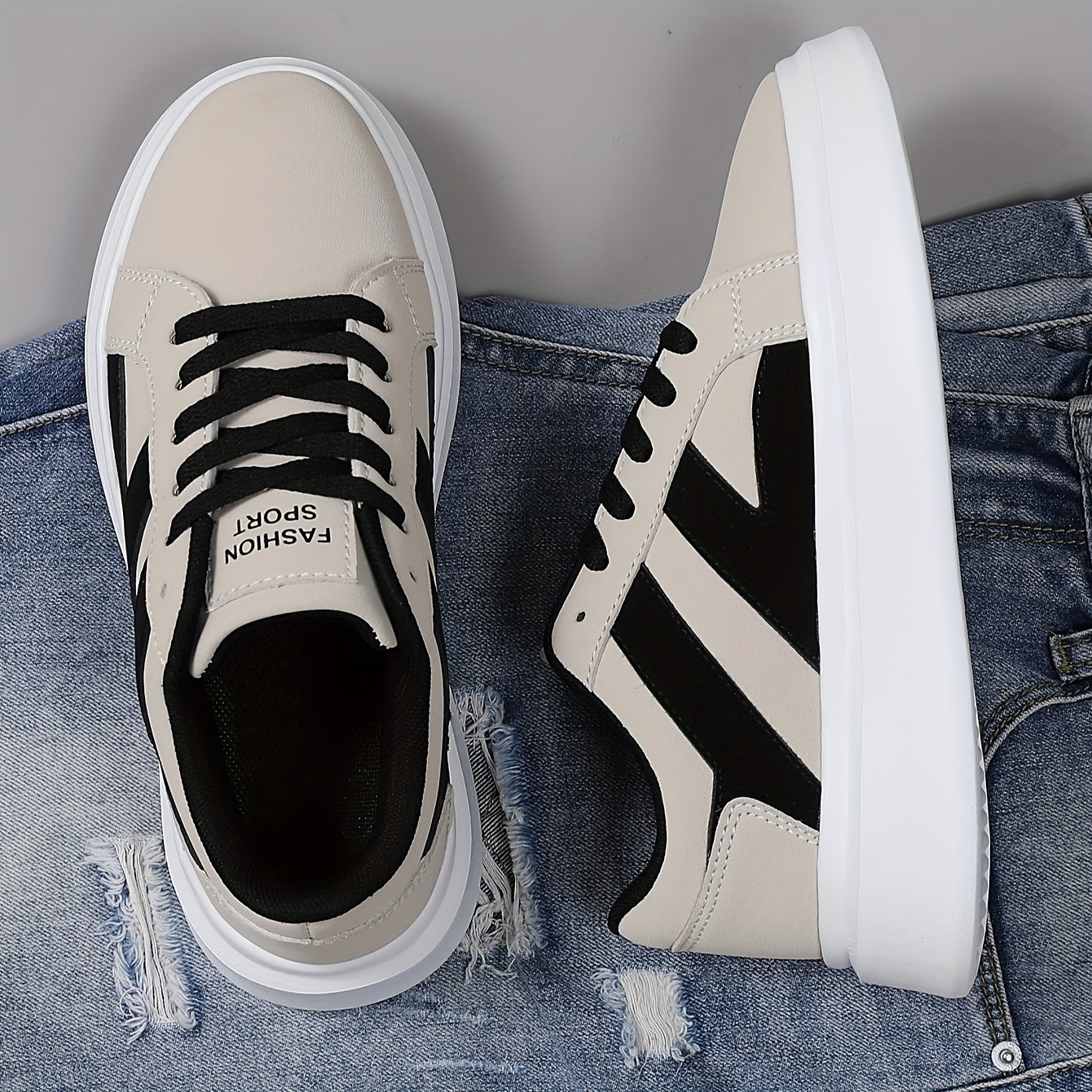Men's Casual Athletic Sneakers - Comfortable Low-Top Lace-Up Shoes with Geometric Design, Black Beige, EVA Sole, Microfiber Upper for Casual Attire and Sports