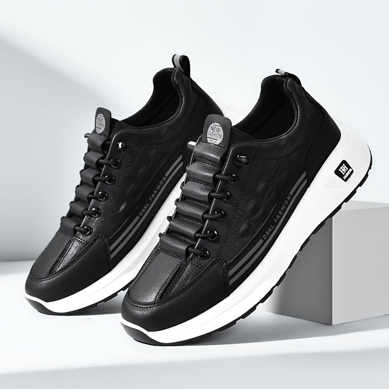 Men's Breathable Casual Sneakers - Comfortable, Versatile Stylish Shoes for Running, Sports Casual Attire, Black with White Accents, PU Upper PVC Sole, Round Toe, Lace-Up Design, All-Season Use
