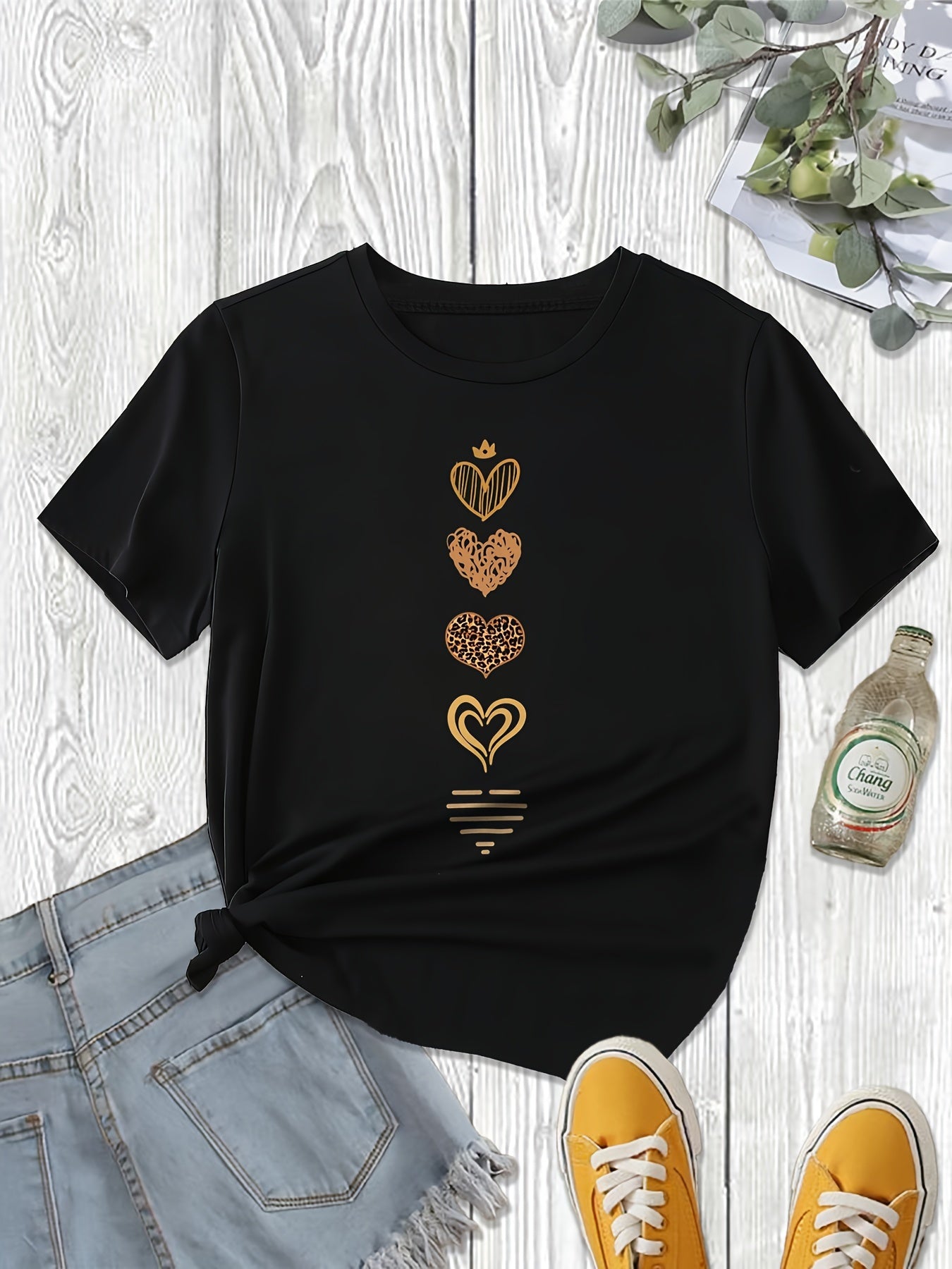 Heart Print Crew պարանոցի վերնաշապիկ, պատահական կարճաթև վերնաշապիկ գարնան և ամառի համար, կանացի հագուստ