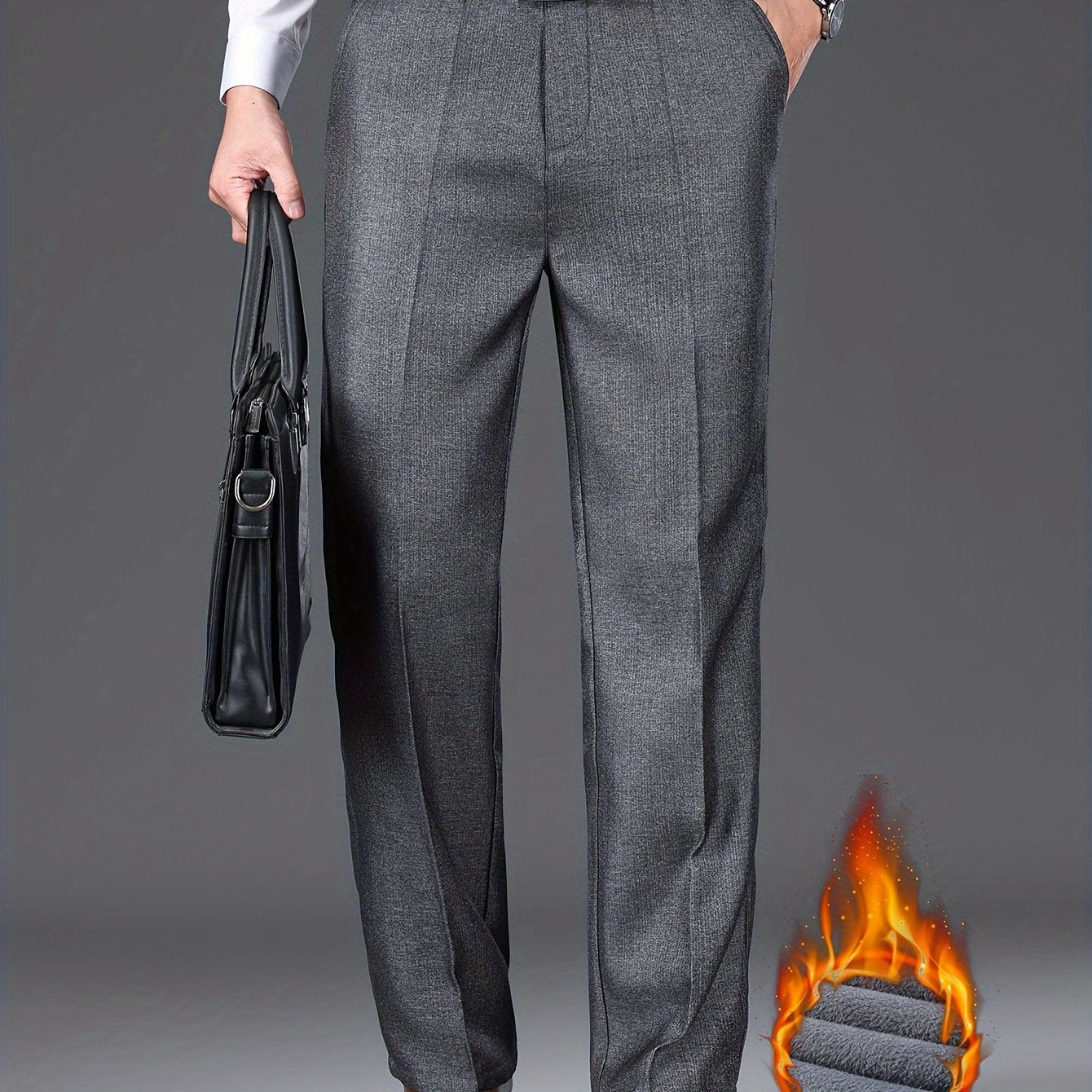 Men'S Solid Color Polyester Dress Pants - Fall/Winter Warm Fleece-Lined Thickened Straight-Leg Trousers with Slant Pockets, Regular Fit, Non-Stretch Woven Fabric, Long Length