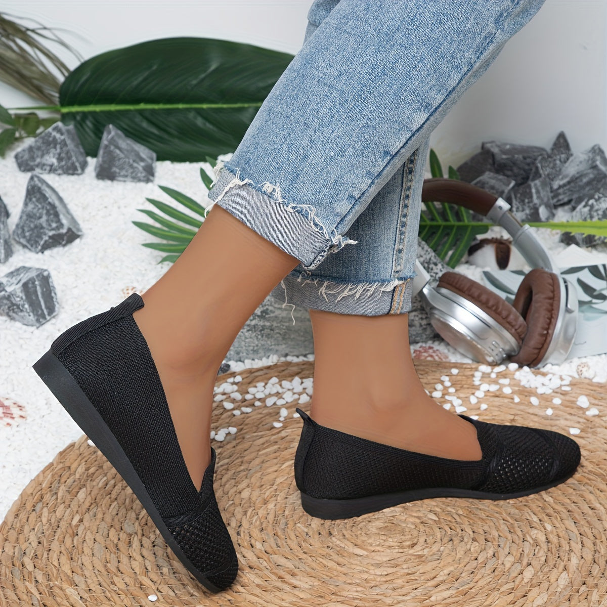 Women's Solid Color Knitted Flats, Lightweight Flat Soft Sole Walking Shoes, Round Toe Daily Footwear
