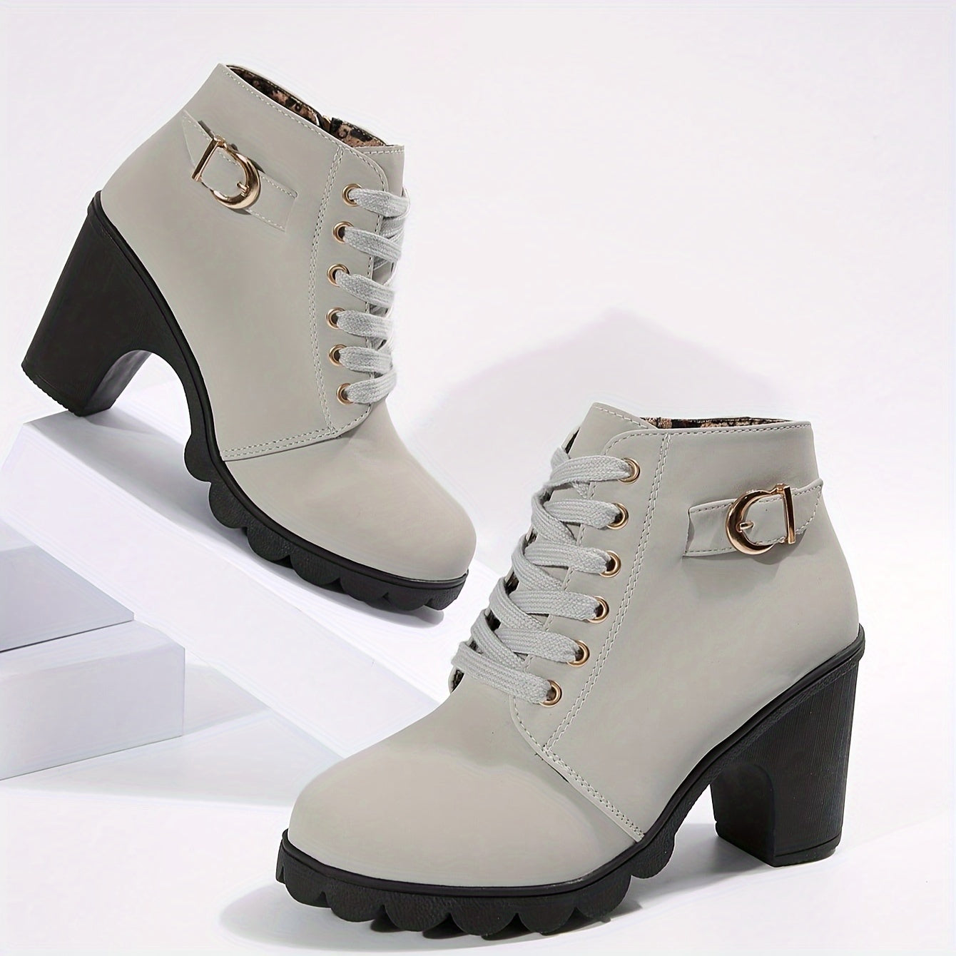 Women's Chunky Heel Short Boots, Fashion Lace Up Side Zipper Boots, Comfortable Ankle Boots