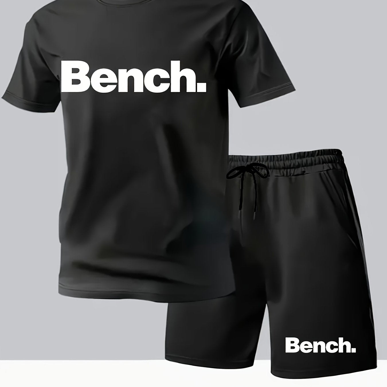 Summer Men'S Casual Sports Short Sleeve T-Shirt and Shorts Set, Knitted Polyester Fabric, Comfortable Breathable, Bench. Letter Print Design - 2pcs