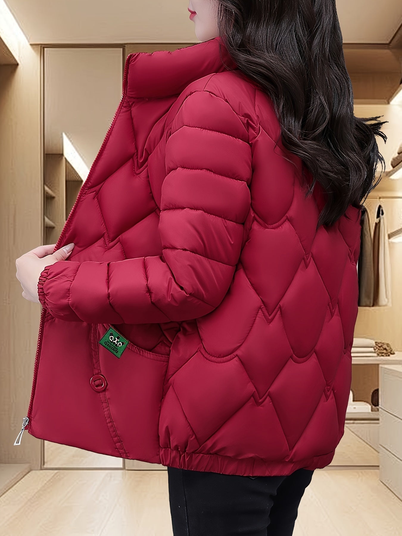 Women'S Embroidered Quilted Jacket, Casual Long Sleeve Polyester Coat, Non-Stretch H-Contoured Regular Fit, Pleated Hem, Thick Warm Winter Outerwear for Middle-Aged Moms