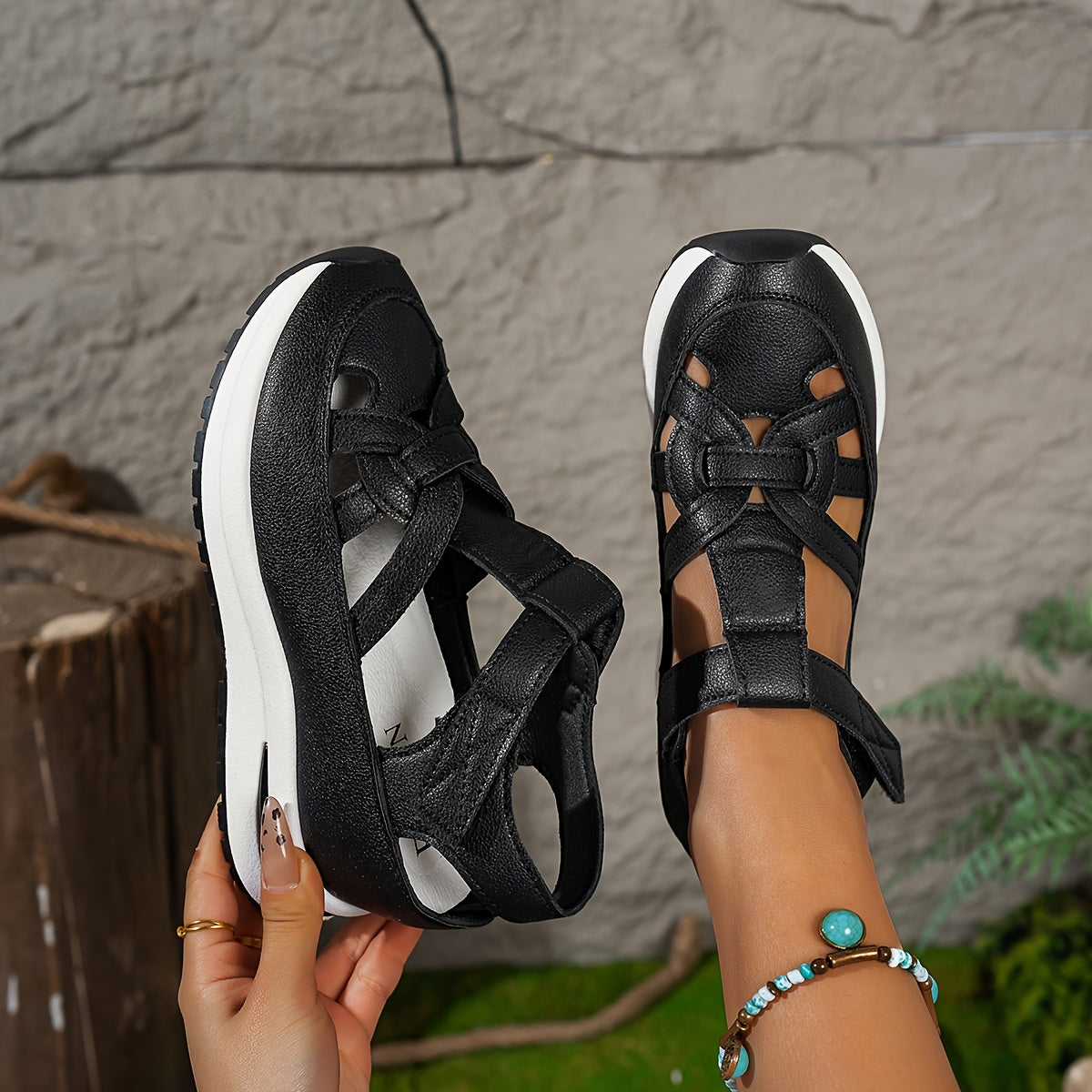 Pair of Chic Summer Women's White Platform Sandals - Comfortable Thick Sole Wedge Heels with Easy Hook-and-loop Fastener Strap, Faux Cover, Rubber Sole for Enhanced Grip, Strappy Sandals