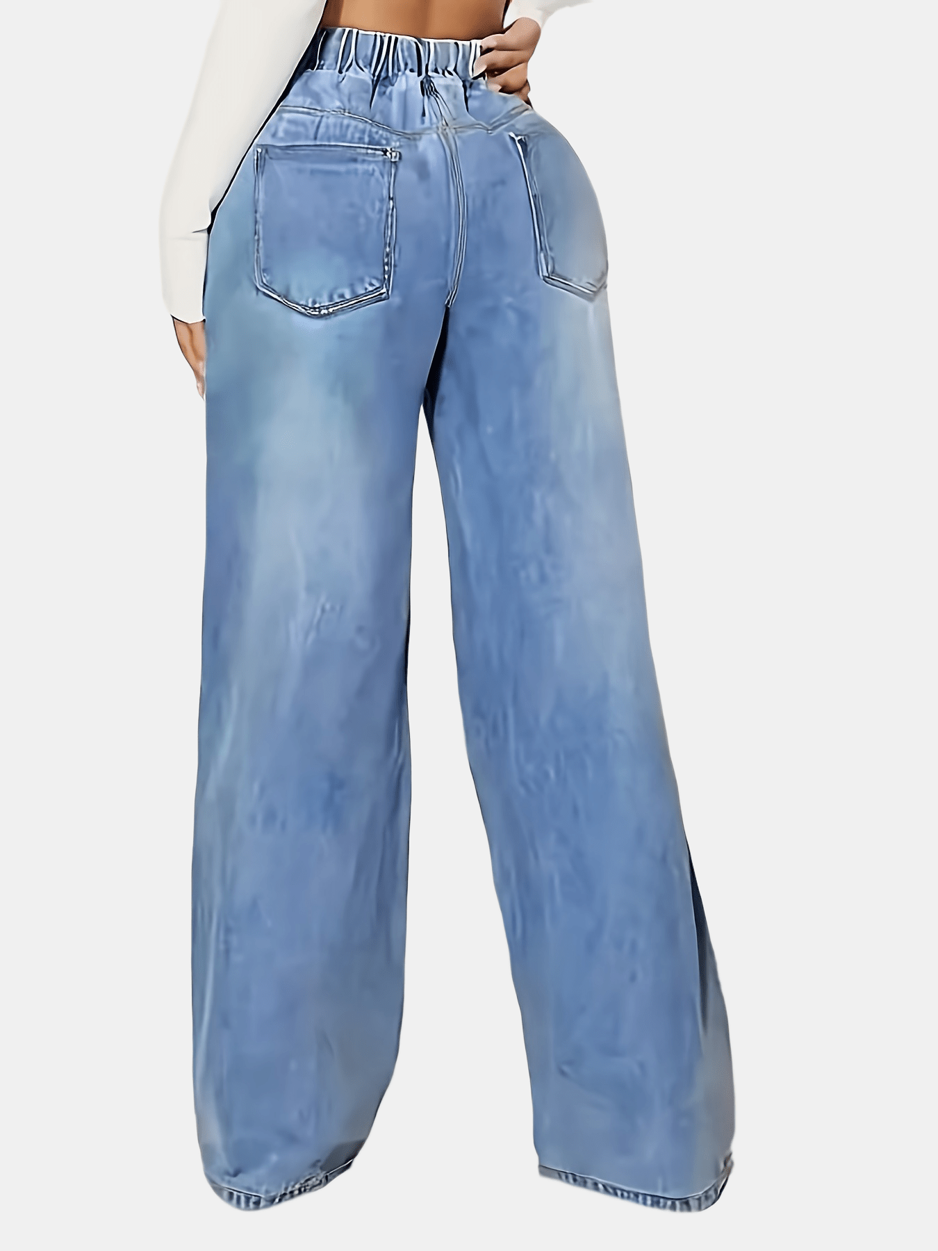 Ladies' Light Blue Elastic Waist Drawstring Washed Stretchy Elegant Straight-Leg Wide-Leg Jeans with Slant Pockets.