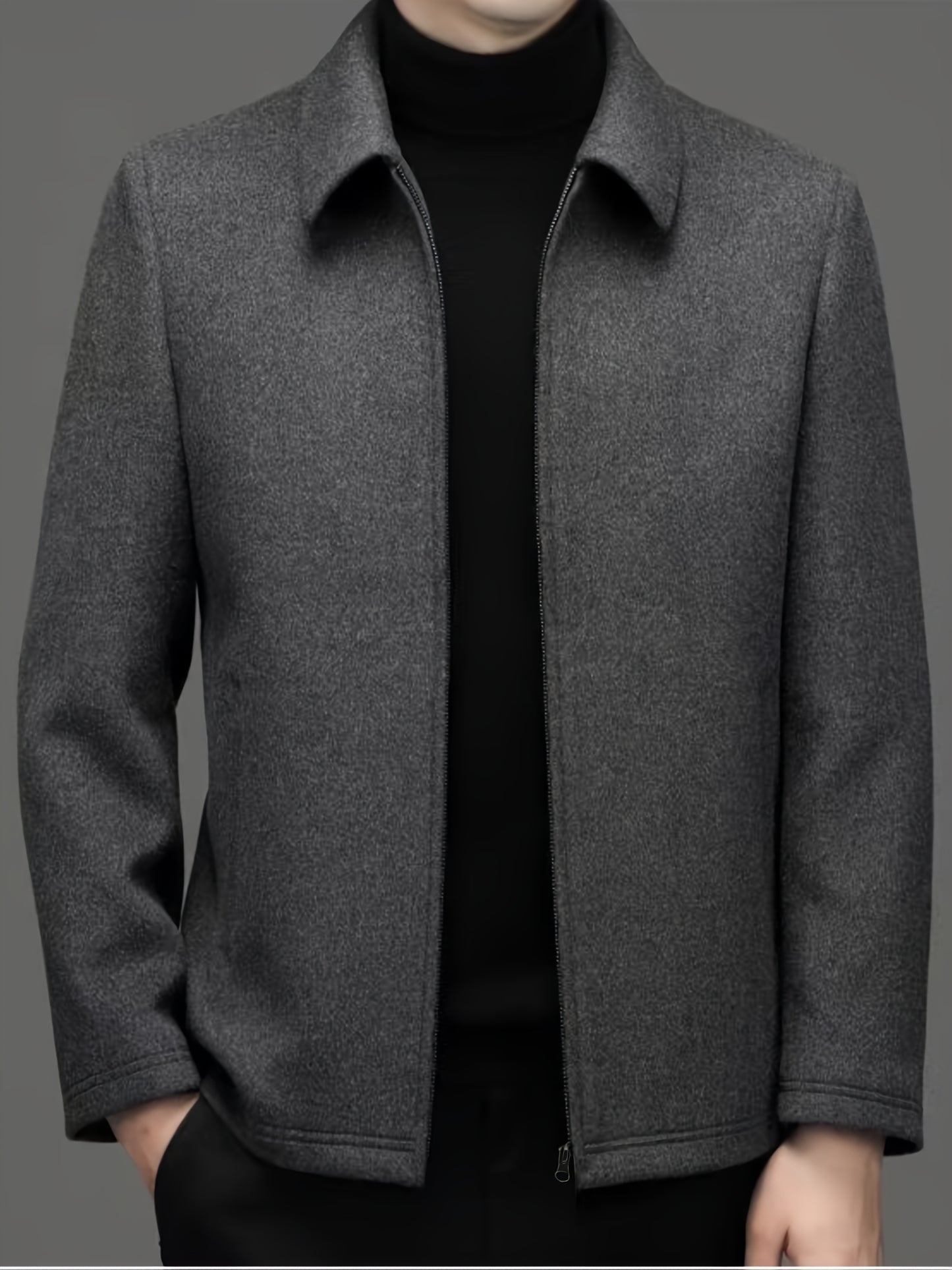 Men's Autumn and Winter Fleece Jacket with Zipper and Turn-up Collar