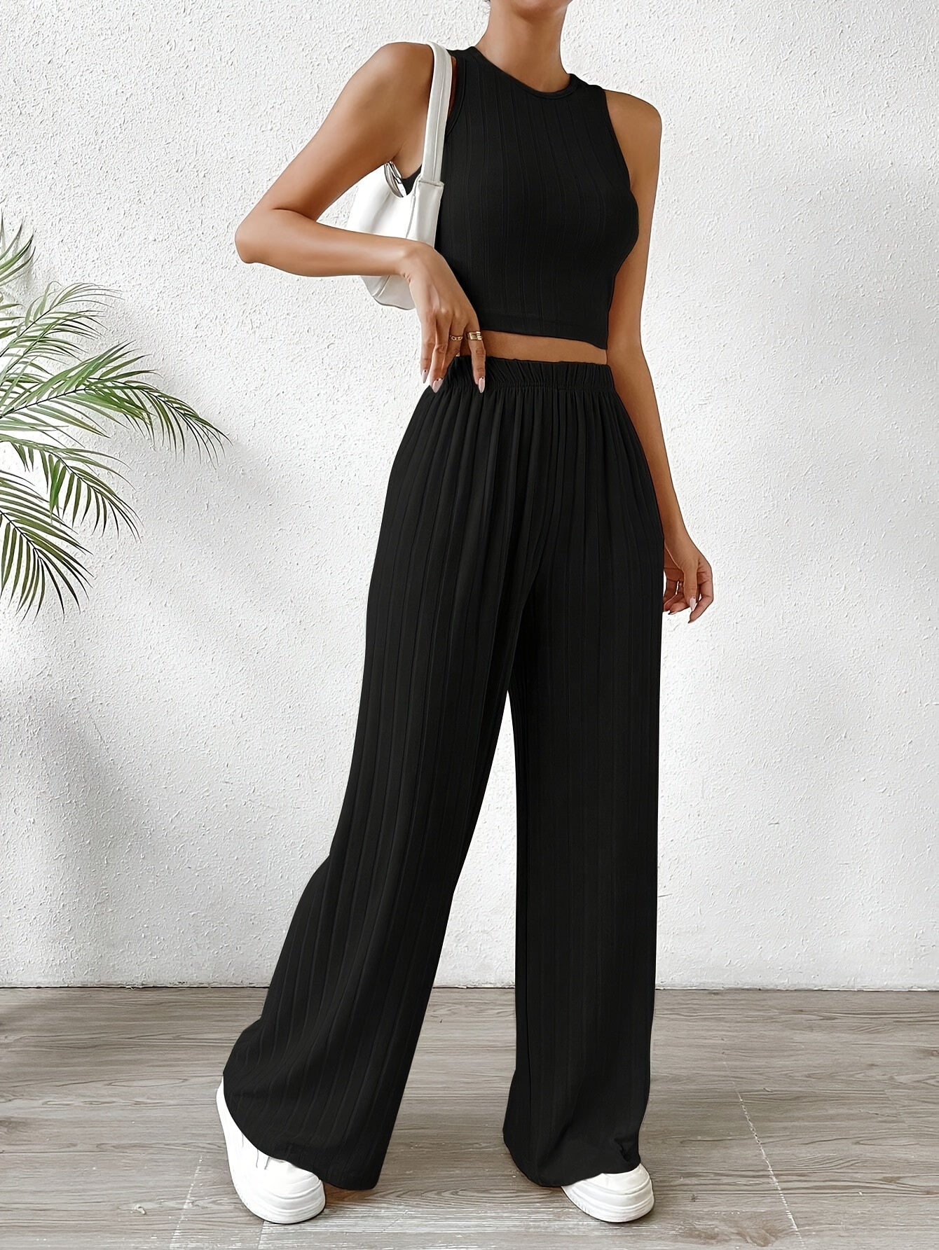 Solid Ribbed Elegant Pants Set, Crew Neck Sleeveless Slim Tank Top & Elastic Waist Wide Leg Pants Outfits, Women's Clothing