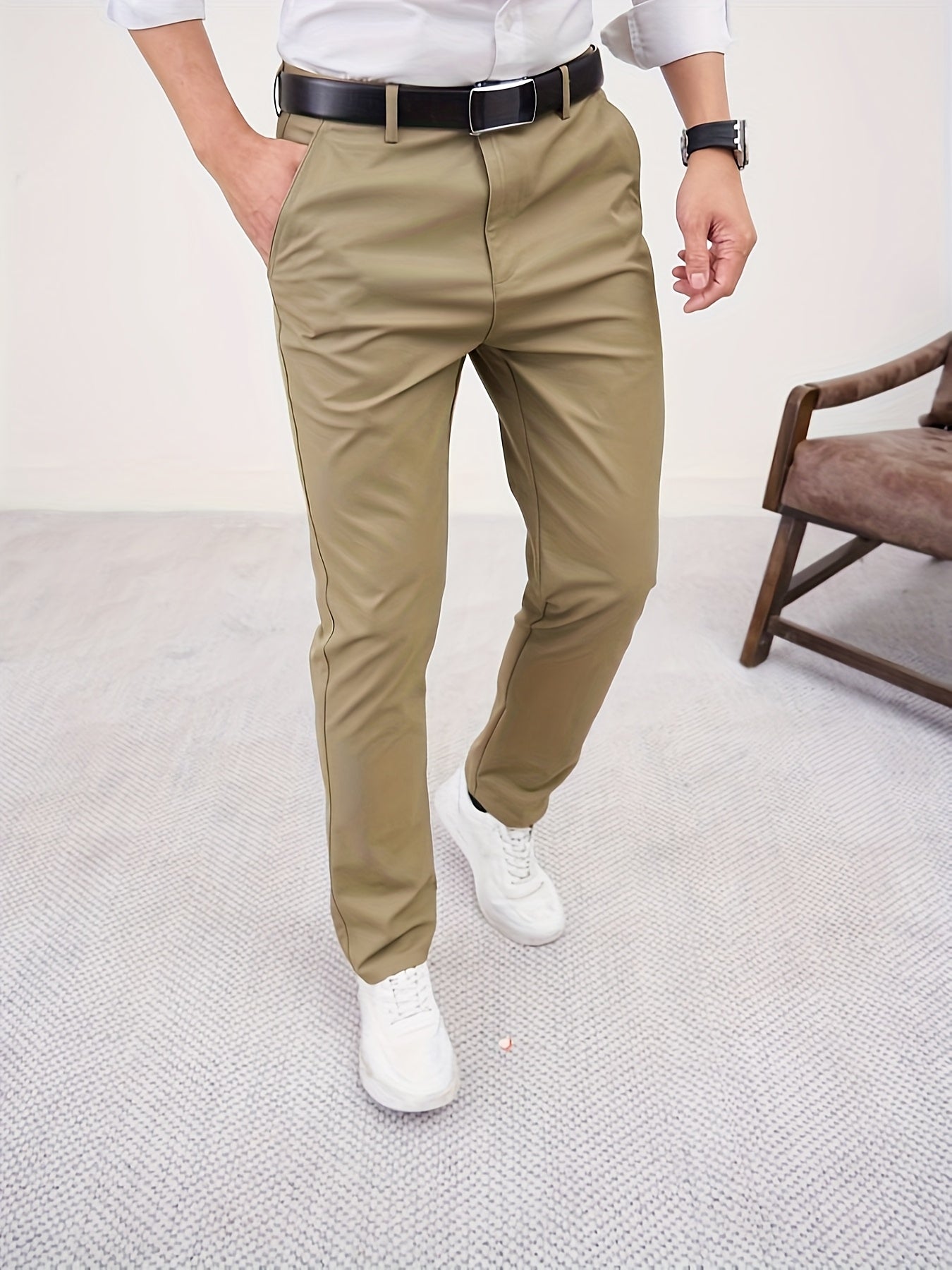 Men'S Casual Solid Color Regular Length Slight Stretch Woven Fabric Pants for Adult