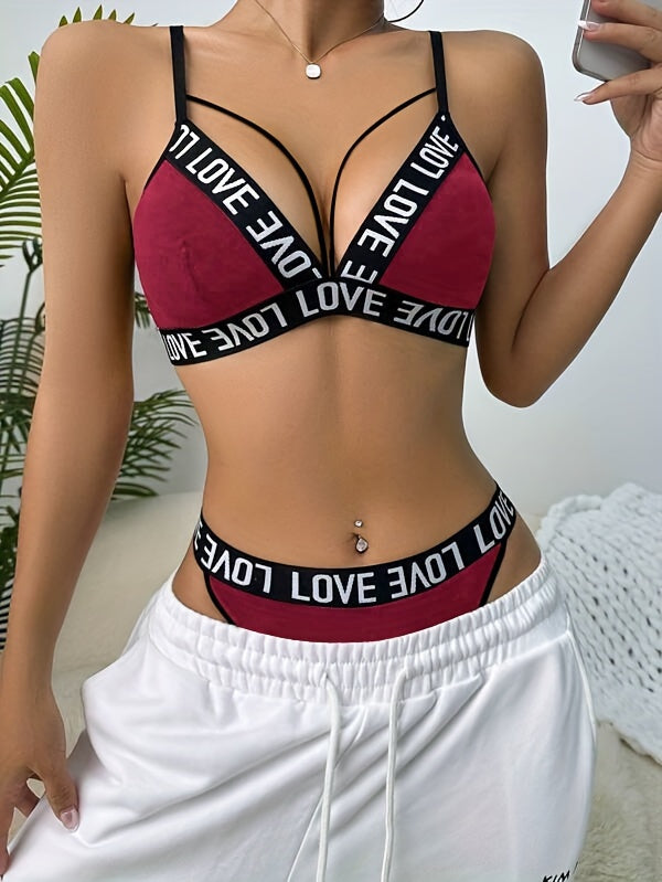 Letter Tape Cut Out Bra & Panty, Strappy Bra & Panties ներքնազգեստի հավաքածու, Կանացի ներքնազգեստ և ներքնազգեստ