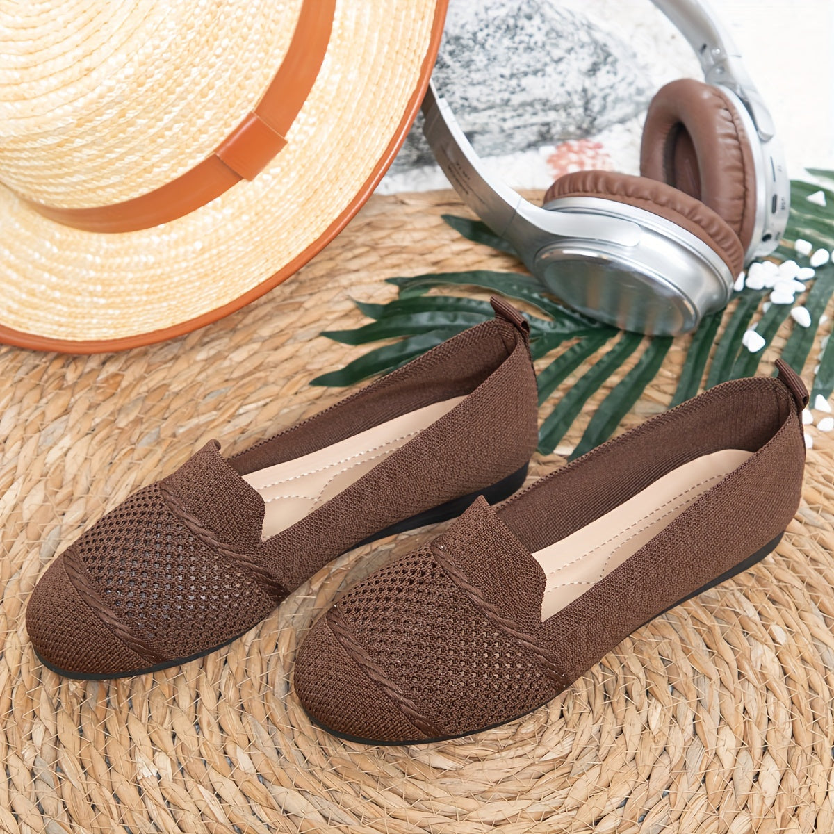 Women's Solid Color Knitted Flats, Lightweight Flat Soft Sole Walking Shoes, Round Toe Daily Footwear