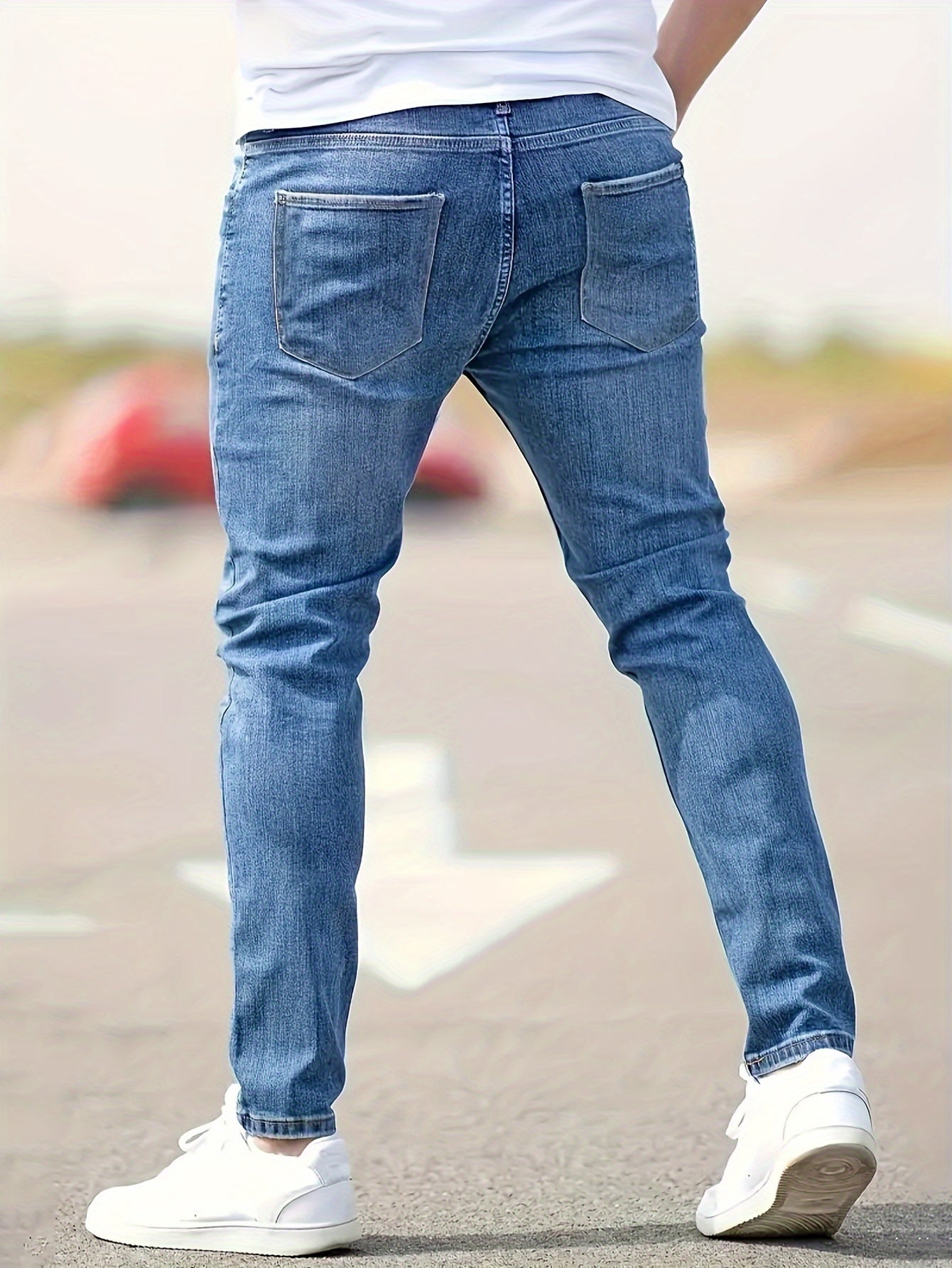 Men's Slim Fit Stretch Jeans - High Waist, Solid Color Casual Denim Pants with Ripped Detail, Machine Washable