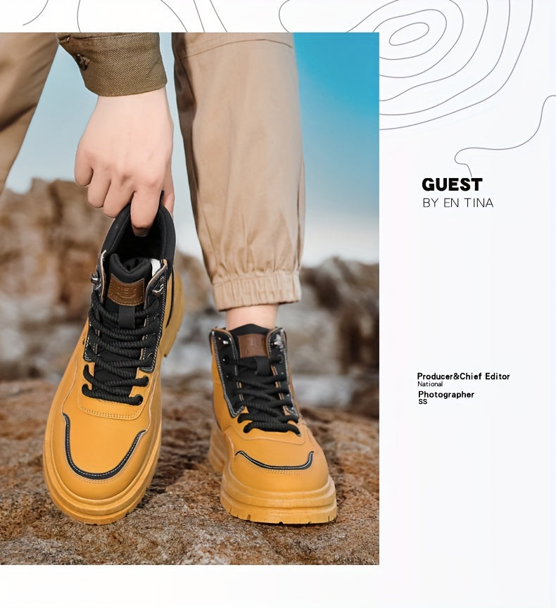 Large Size High Top Casual Shoes Short Boots Men's Big Yellow Boots High Top Trendy Versatile British Style Short Boots Mid Top Work Boots Men's Hiking Boots