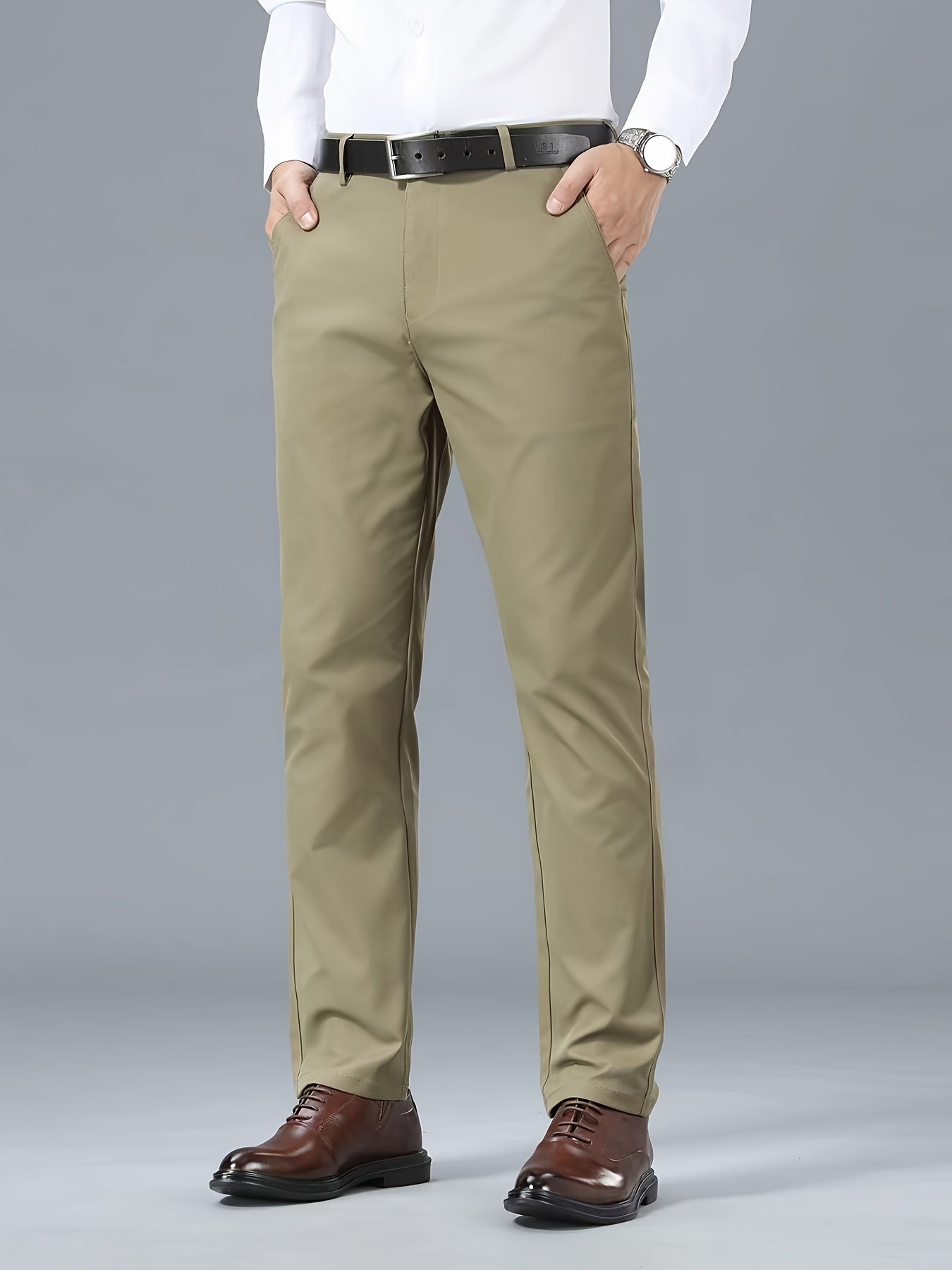 Men's Classic Business Casual Pants - Polyester, Solid Color, Regular Fit for All Seasons