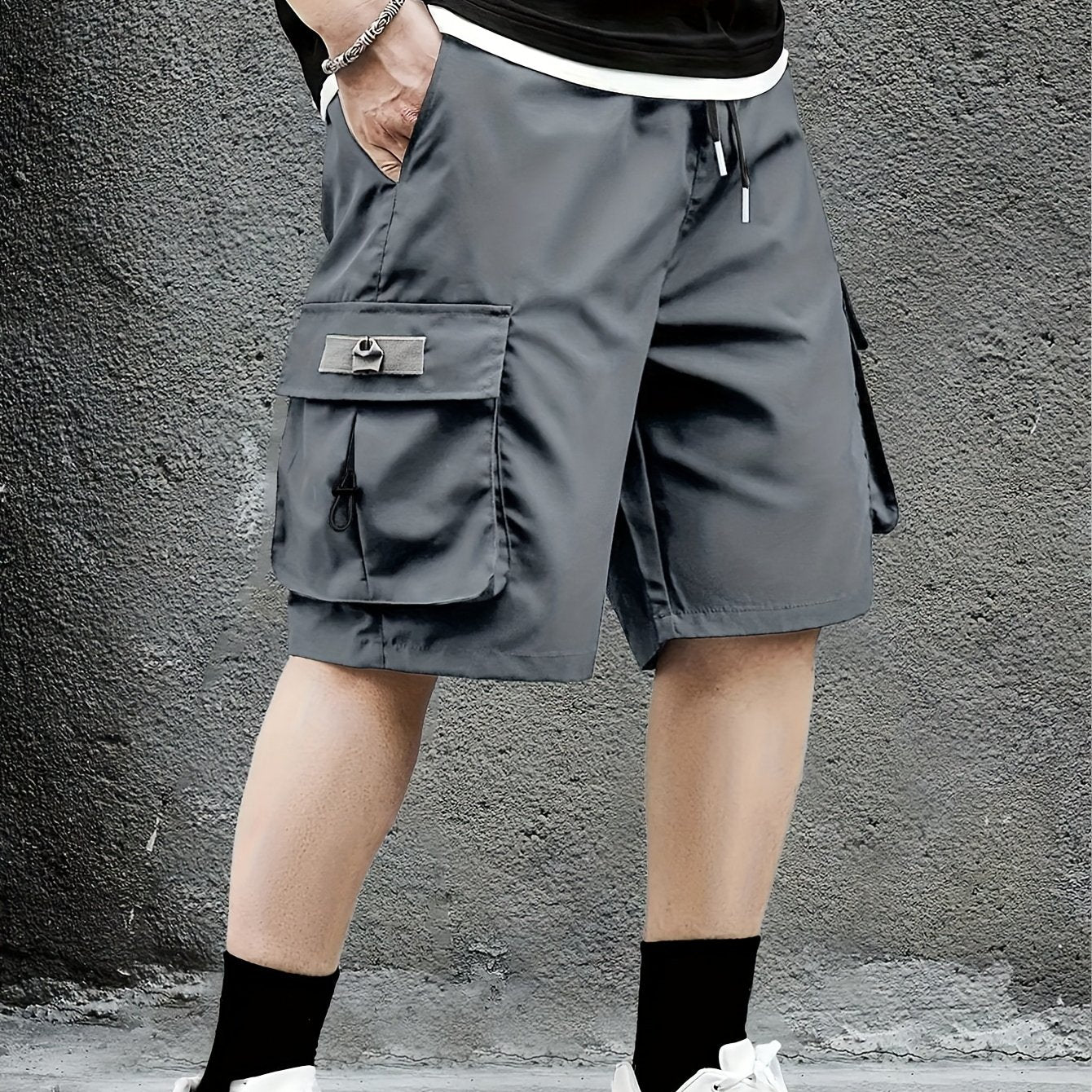Men'S American Work Shorts, Casual, Solid Color, Loose Fit, Polyester, Woven, with Large Capacity Pocket and Personality Drawstring Design