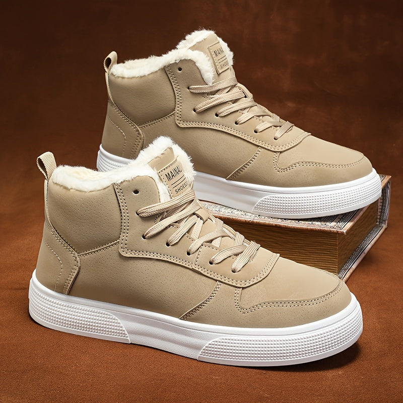 Men's Mid-Top Lace-Up Boots with Warm Plush Lining for Comfortable Winter Outdoor Street Walking and Strolling, Winter Boots