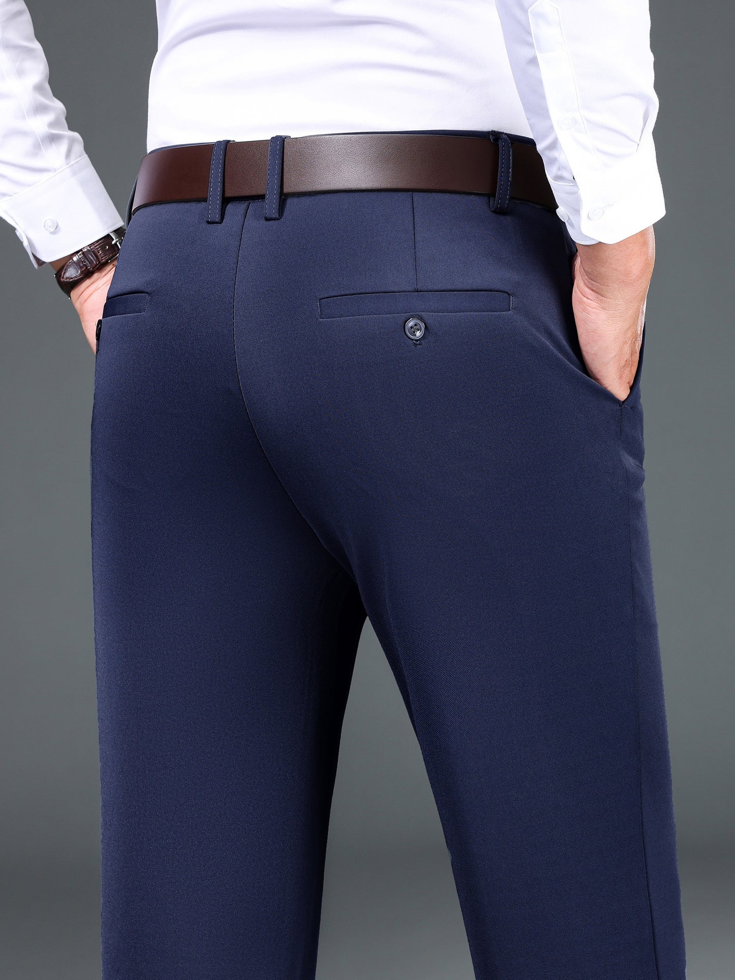 1pc Men'S Warmth Business Casual Pants, Fall/Winter Fleece-Lined Thickened Straight-Leg Trousers with Slant Pockets, Solid Color Knit Fabric Regular Fit Dress Pants with Zipper Closure, Medium Stretch Polyester