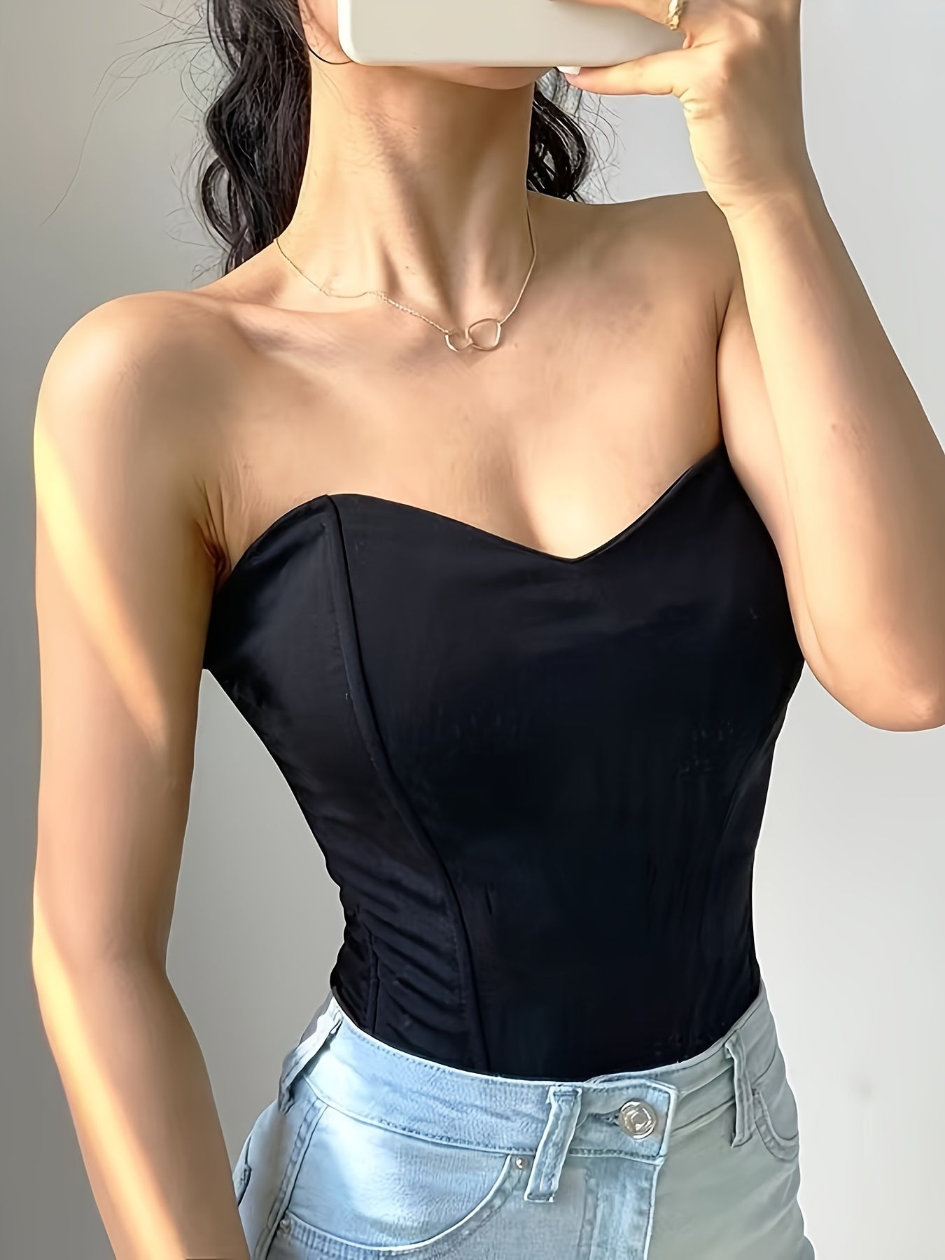 Elegant Off-Shoulder Corset Tank Top - Slim Fit, Fishbone Support, Solid Black, Stretchy Polyester Blend, Machine Washable, Women’s Fashion Essential