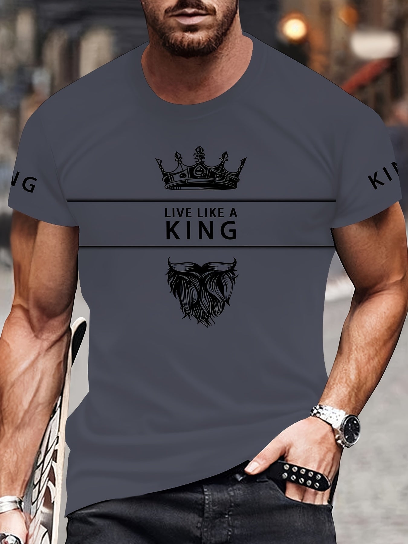 Men's 3D Digital Print T-Shirt with Crown "LIVE LIKE A KING" Slogan - Casual Round Neck Regular Fit Machine Washable Graphic Tee for Casual Attire, Streetwear Fashion, Bold Statement Shirt, Durable Fabric Shirt