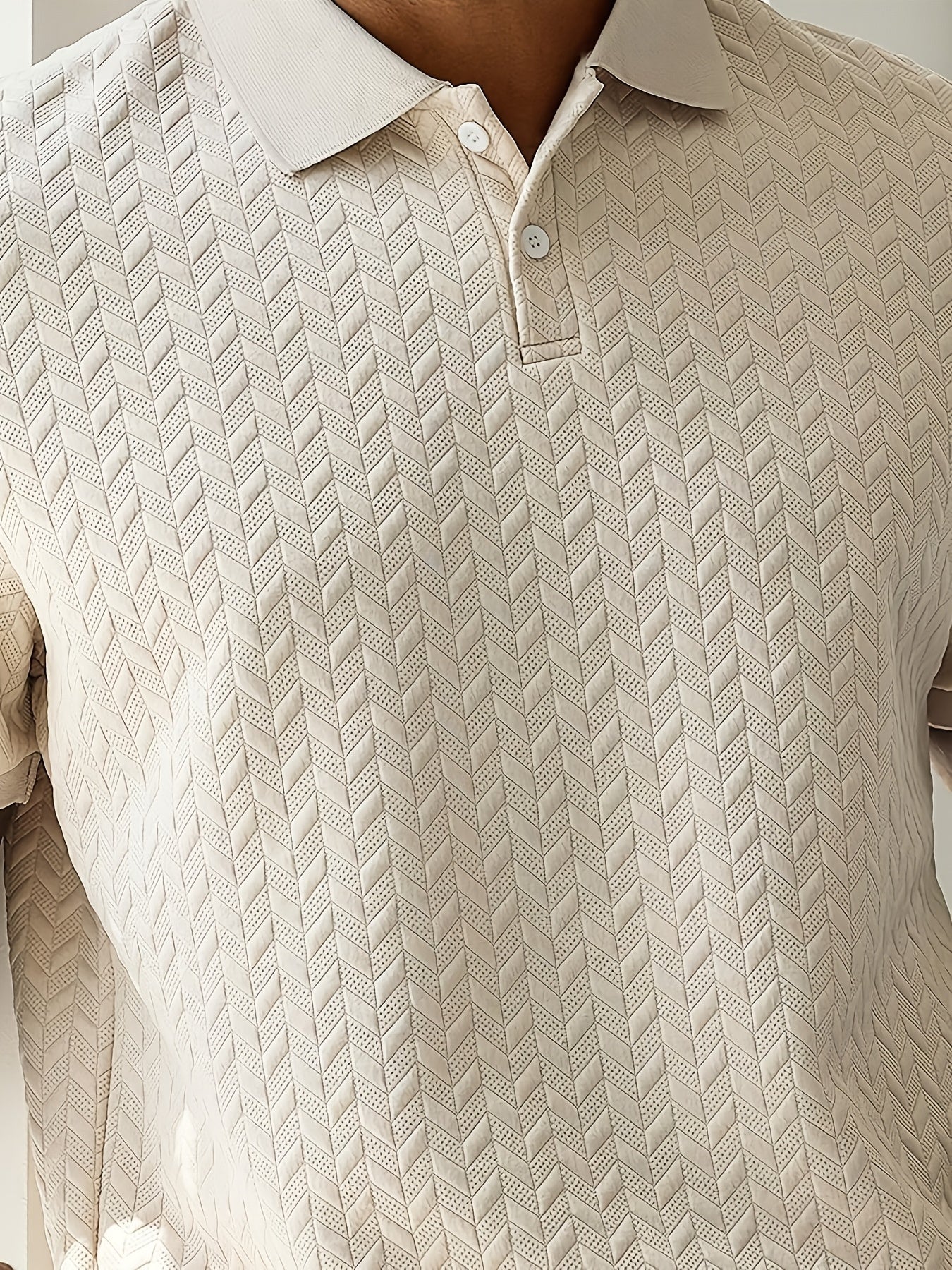Men'S Casual Black Short Sleeve Polo Shirt with Textured Diamond Pattern - Polyester, Button-Up, Regular Fit for Summer, Casual Attire|Textured Pattern Shirt|Polyester Fabric