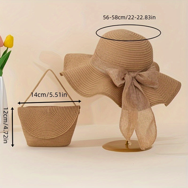 2pcs Women's Khaki Wave Beach Sun Hat & Woven Shoulder Bag Combo - Stylish Ruffled Brim Design, Lightweight & Breathable for Spring/Summer Beach Vacations and Outdoor Activities, Beach Accessories