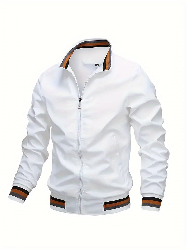 Lightweight And Trendy Men's Long Sleeve Zipper Jacket With Stand Collar, Pockets And Stripe Pattern Pieces, Suitable For Spring And Autumn Outdoors Activities