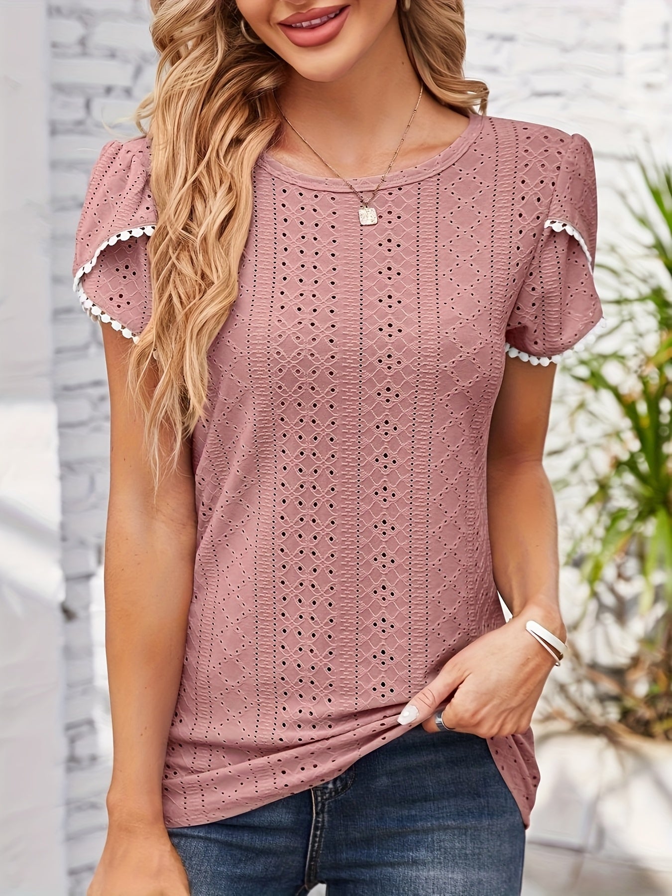 Women'S Elegant Blouse - Soft Pink Round Neck T-Shirt with Floral-like eyelet details, Breathable Loose Fit Top for Casual & Formal Outfits - Everyday Summer Shirt for Women, Ladies T Shirts, Versatile Clothing, Feminine Styl