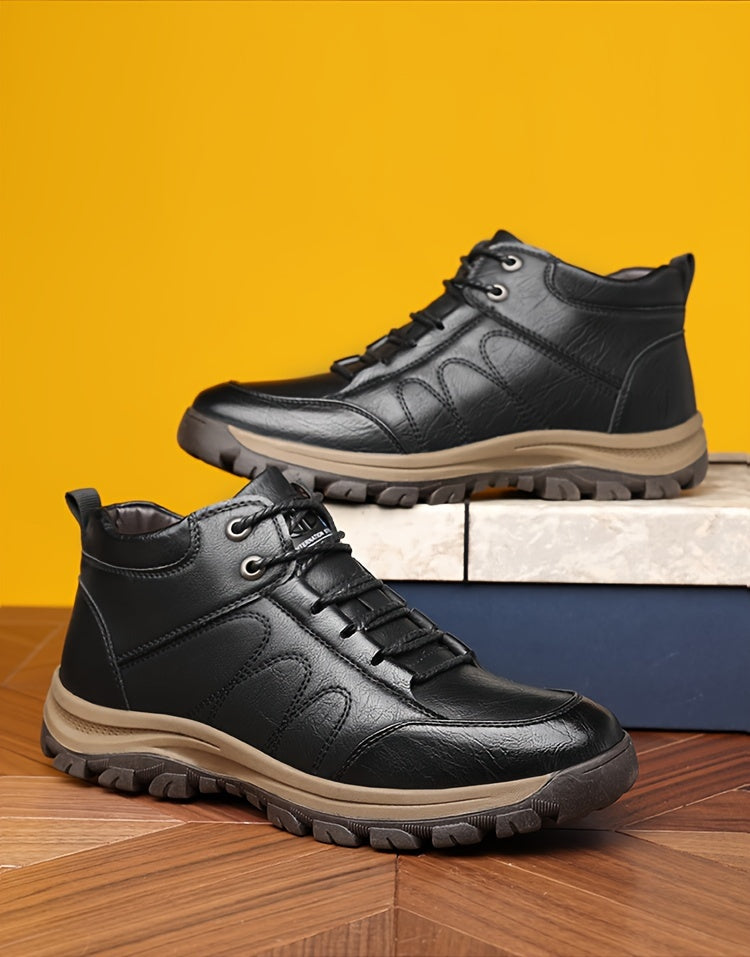 Men'S Stylish Black Leather High-Top Boots - Casual, Fashionable, Business-Ready with Lace-Up Closure, Rubber Sole, and Round Toe Design for Winter Sports and Daily Wear, Winter Boots|Stylish High Boots|Laceup Boots