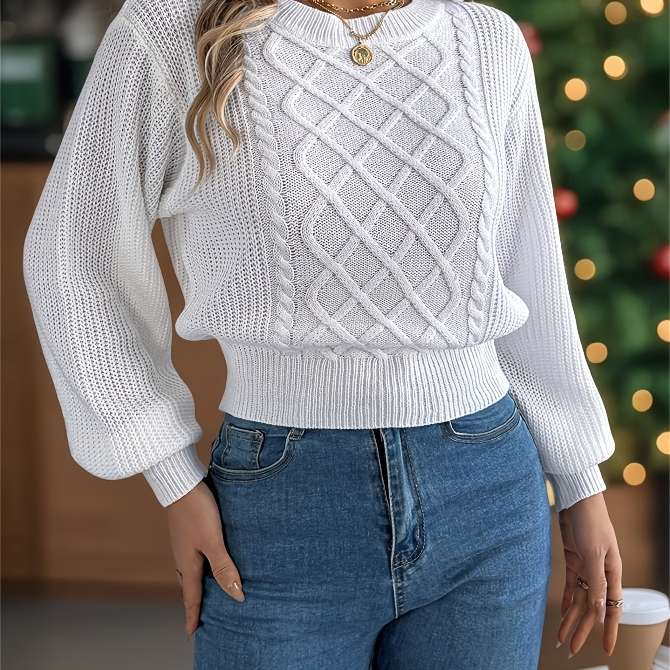 Elegant Cable Knit Sweater for Women - Casual Long Sleeve, Round Neck Pullover in Solid Color, Perfect for Fall/Winter
