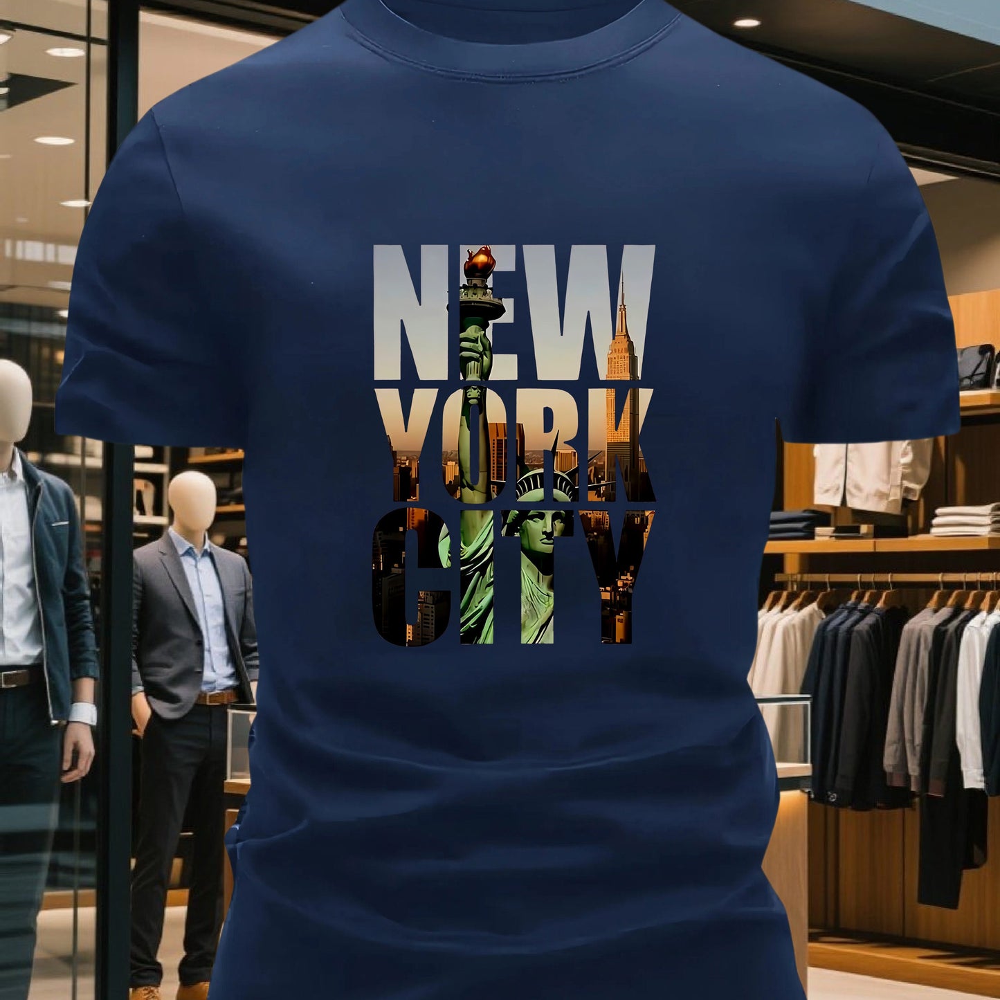 Men's 100% Cotton Crew Neck Short Sleeve T-Shirt with New York City Graphic Print - Navy Blue Casual Comfort Fit Tee, Machine Washable Everyday Essential, Allseason Apparel, Comfortable Outfit, Urban Style, Breathable Materia