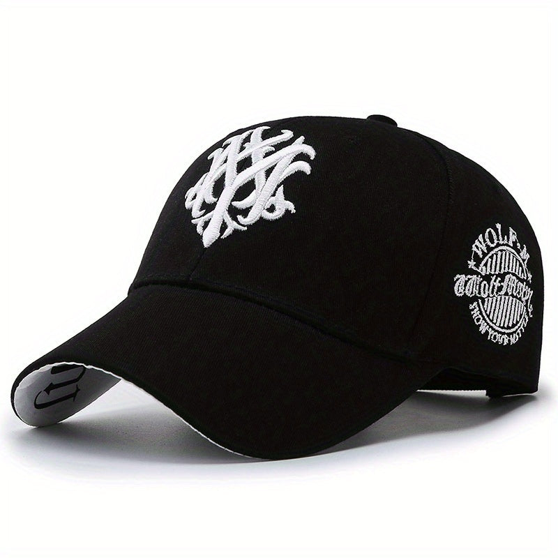 Men's Embroidered Letter Baseball Cap - Adjustable Snapback, Sun Protection, Rayon, Black with Golden Embroidery, Casual Sport Hat for All Seasons