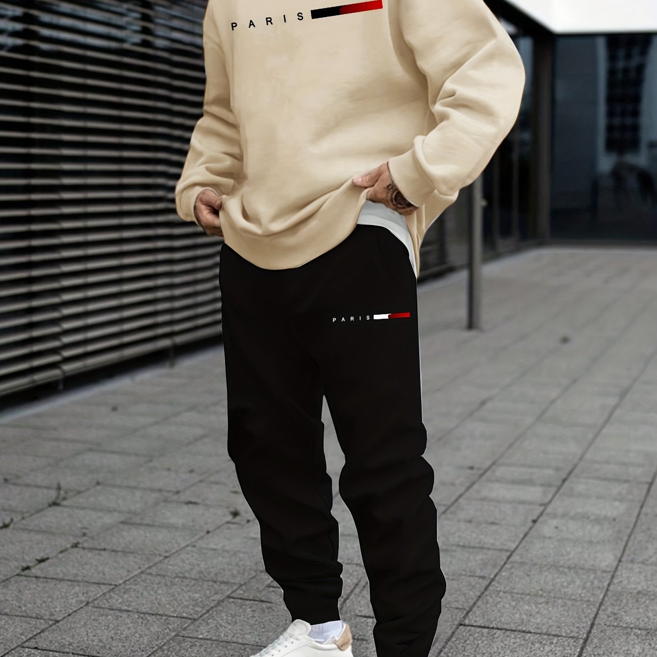 Men's Casual Sports Sweatshirt Set, Loose Fit Pullover Hoodie with Print, Polyester Blend, Round Neck, Stretch Knit, Autumn/Winter Collection