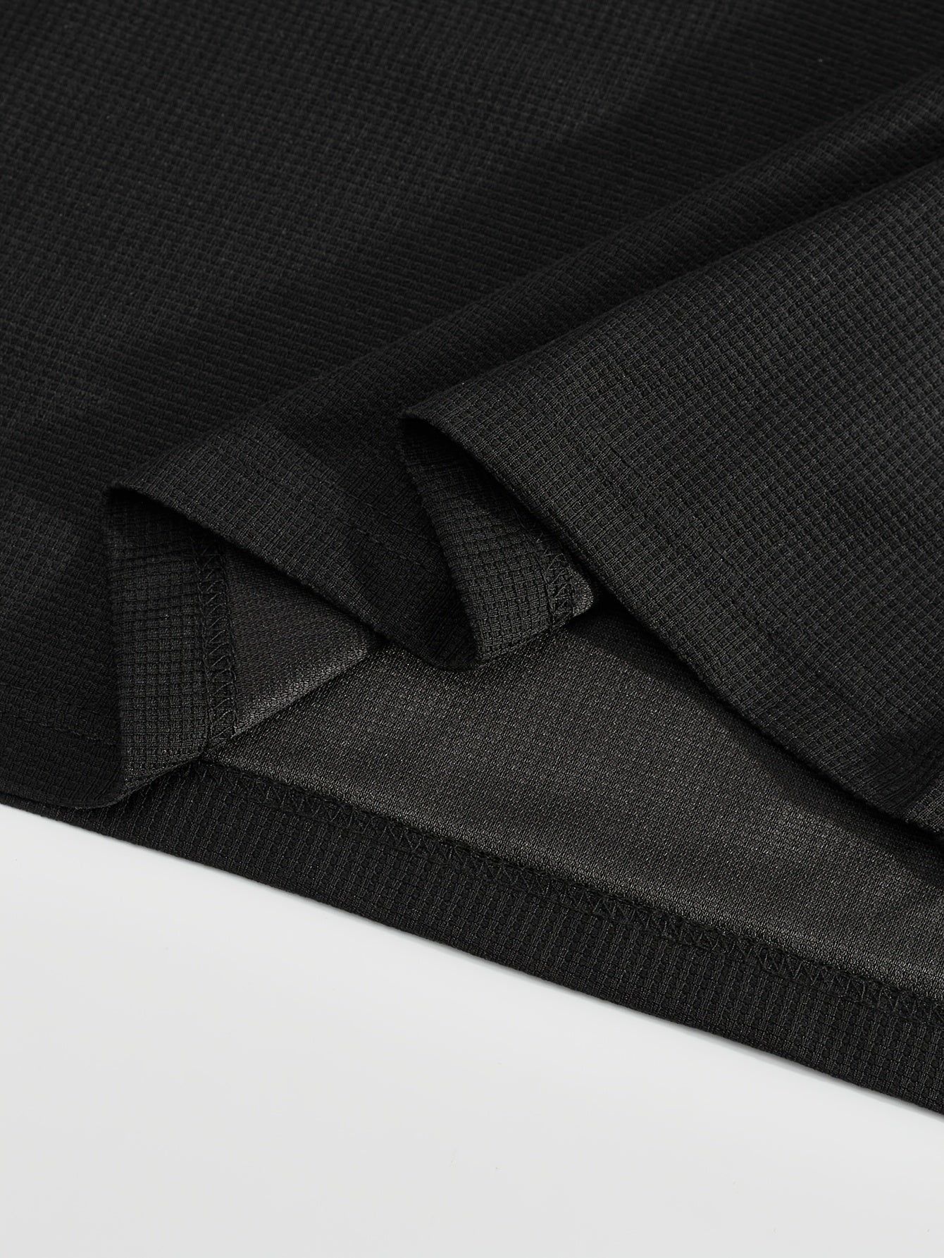 Men's 2pcs Waffle Knit Casual Outfit: Zip-Up Short Sleeve Collared Shirt & Drawstring Pants - Black, Polyester Blend, Ideal for Casual Attire in Spring/Summer