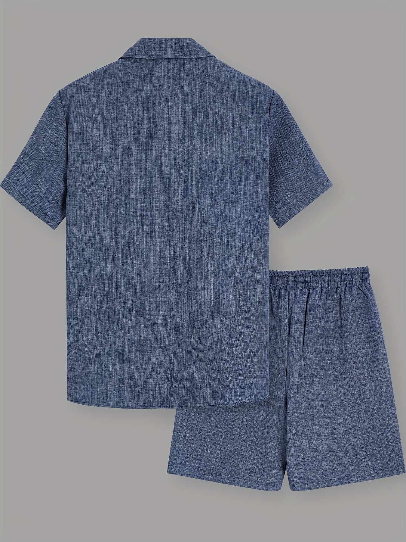 Men'S Summer Casual Short Sleeve Shirt and Drawstring Shorts Set, Solid Color, Lapel Collar, Button Detail, Regular Fit, 100% Polyester, Woven Fabric, Medium Stretch