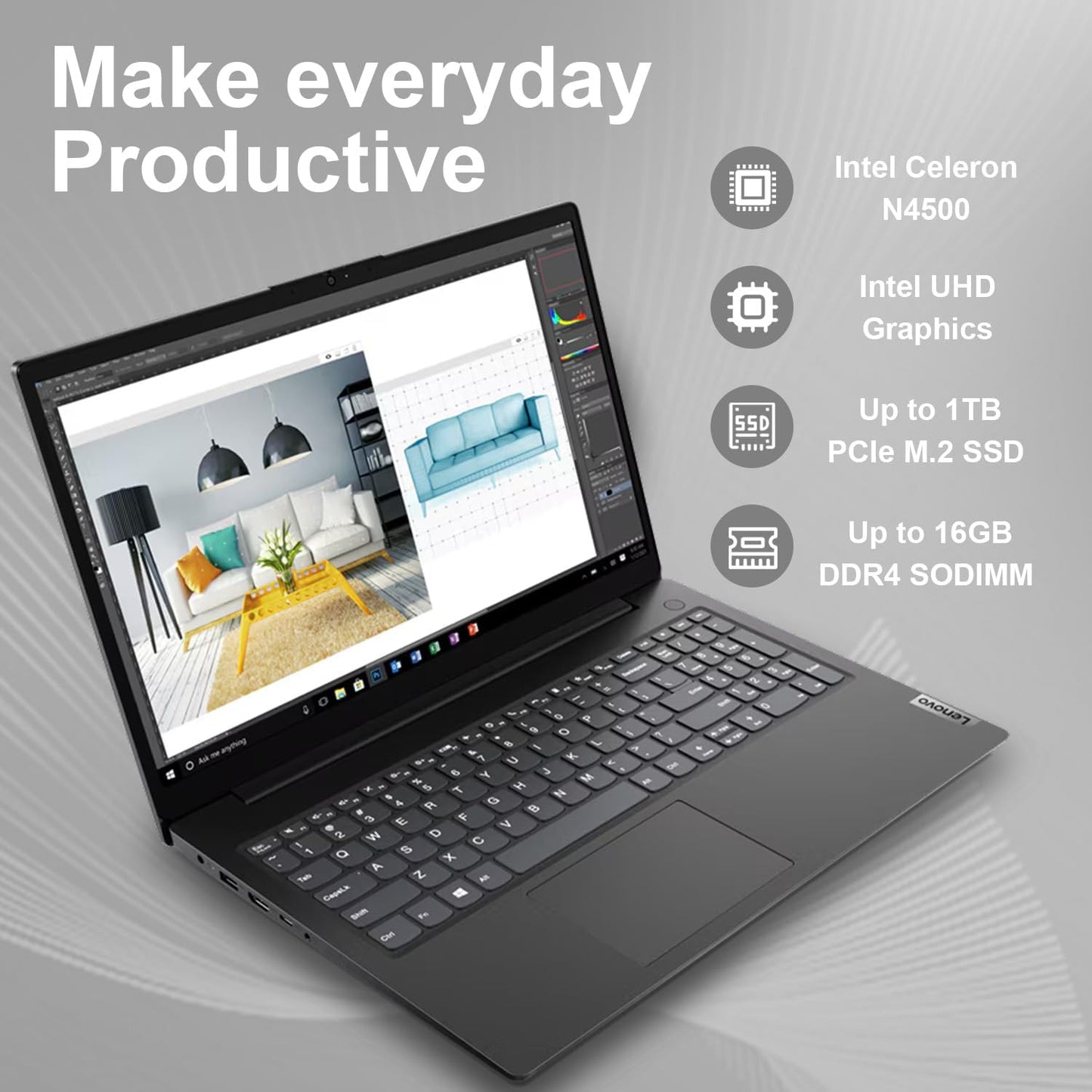 Lenovo V-Series V15 Laptop, 15.6" FHD Display, Intel Celeron Dual Core Processor, 16GB RAM, 1TB SSD, Webcam, HDMI, Wi-Fi, Windows 11 Home, Black, Bundle with Thunderobot Purple Wireless Mouse