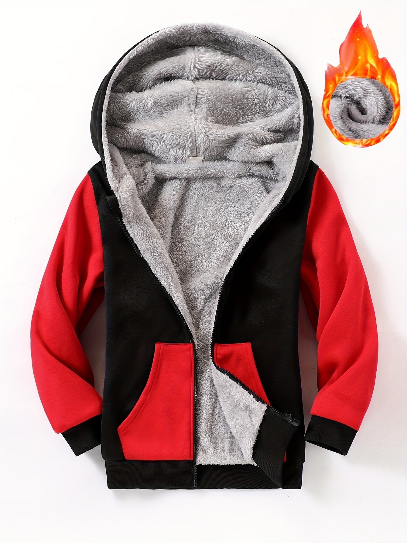 1pc Boys Stylish Color Block Fleece Lining Hooded Jacket, Long Sleeve Zip Up Jacket, Kids Clothes Outdoor