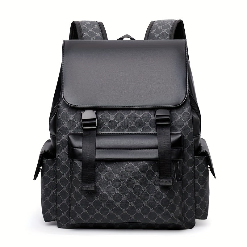 Men'S Stylish Black Brown Gingham Print Backpack - Versatile Commuter Bag with Multiple Pockets, Adjustable Straps, and Golden-Tone Hardware for Work, Travel, and Study, Travel Backpack Gingham Pattern Synthetic Backpac