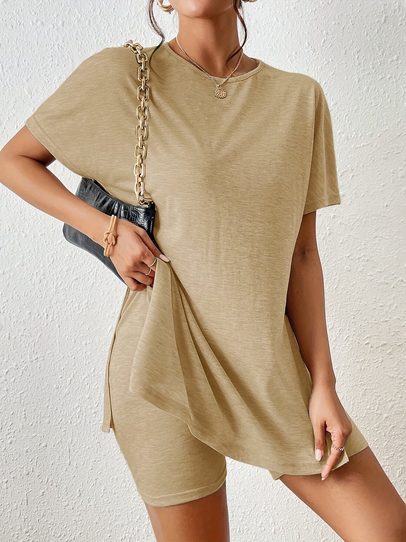Casual Solid Color Comfortable Two-Piece Set, Bat Sleeve Round Neck Slit T-Shirt and Tight Shorts, Women's Clothing
