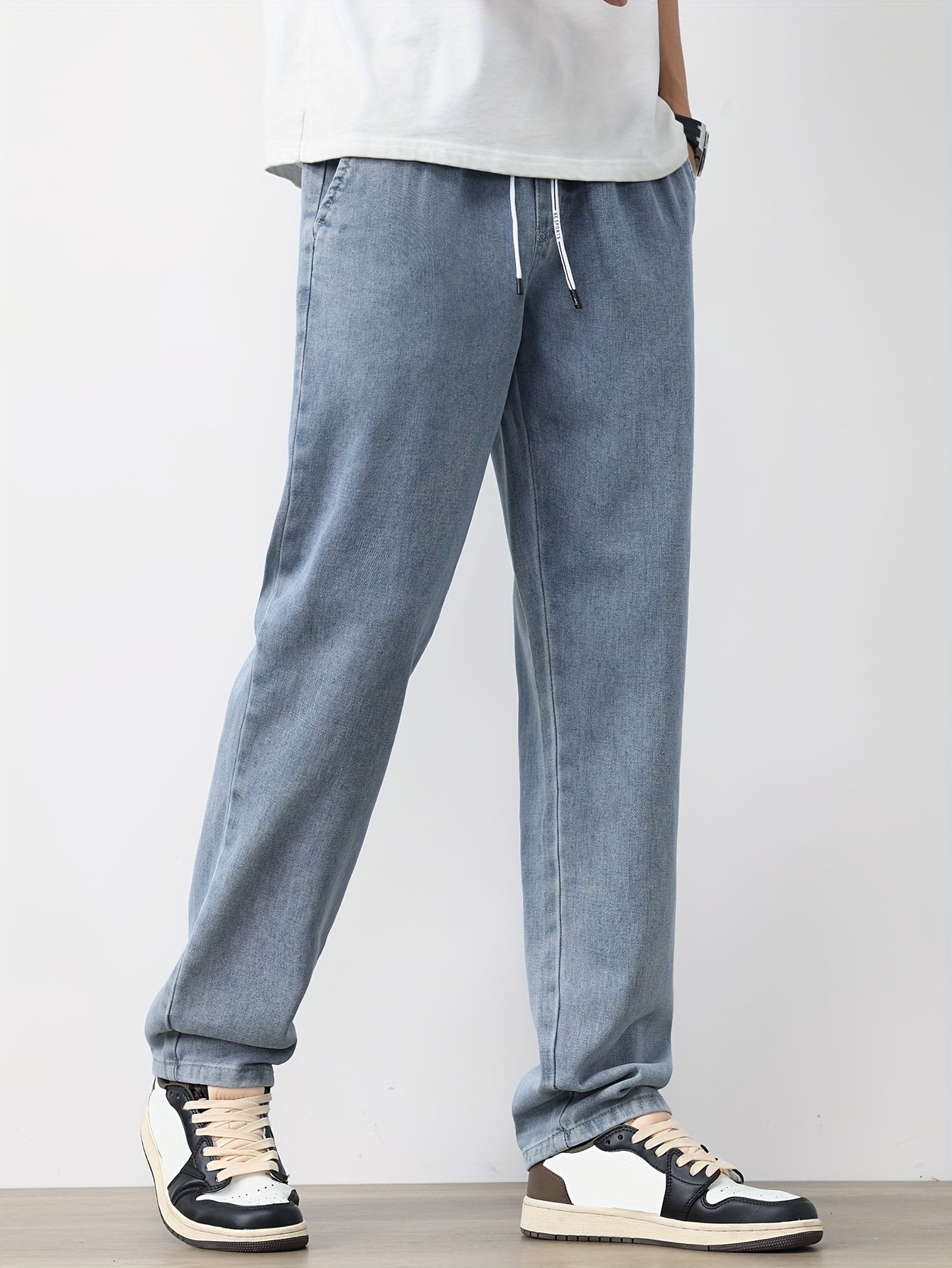 Men's Solid Washed Denim Trousers With Pockets, Causal Drawstring Cotton Blend Barrel Jeans For Outdoor Activities