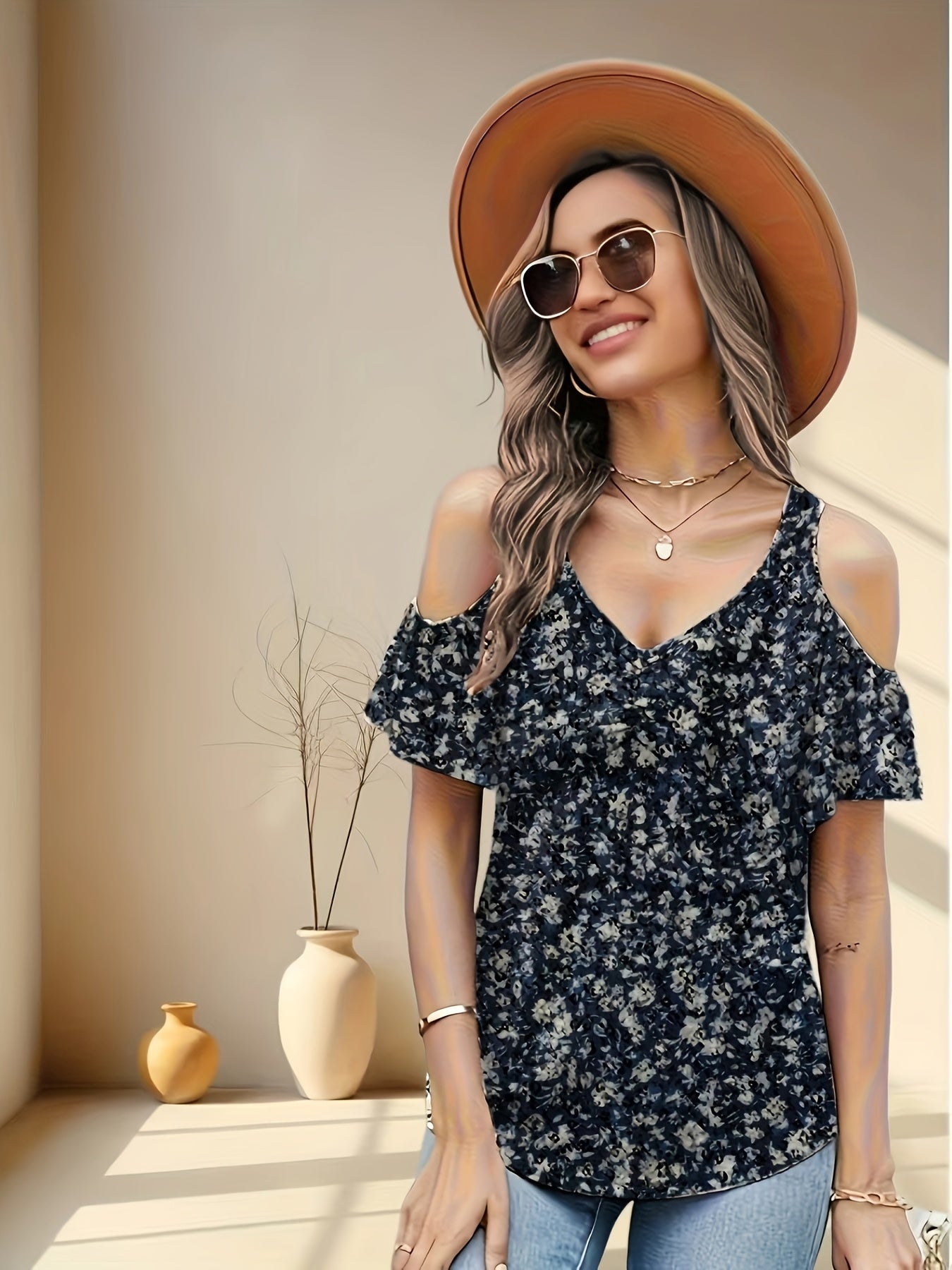 Women'S Summer V-Neck Pleated Floral Print Sexy Off-Shoulder T-Shirt