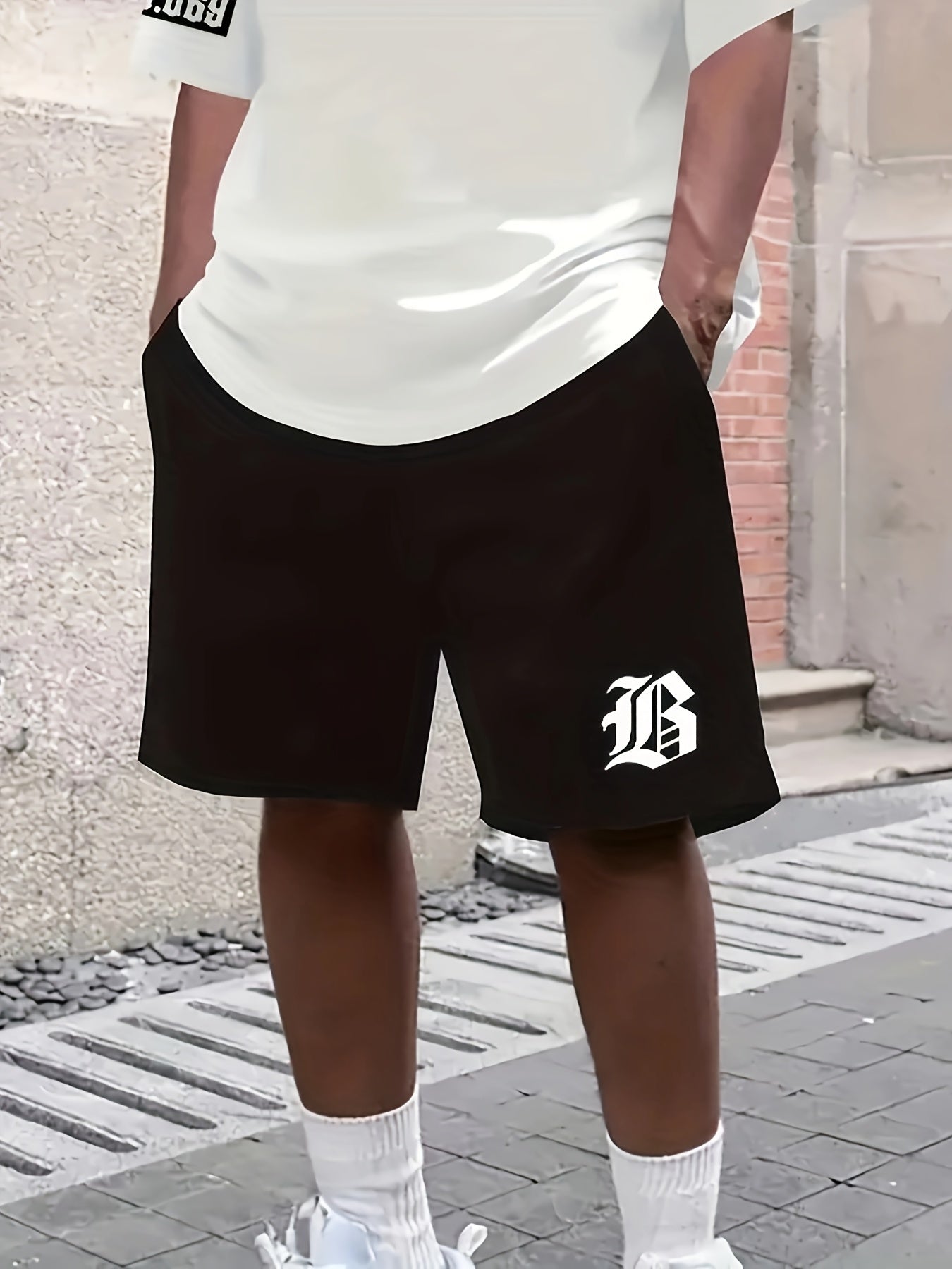Men's Casual T-Shirt and Shorts Set with Bold "B" Print - Polyester Knit Fabric, Machine Washable, Summer Streetwear, Perfect for Outdoor Activities and Comfortable Leisure Wear