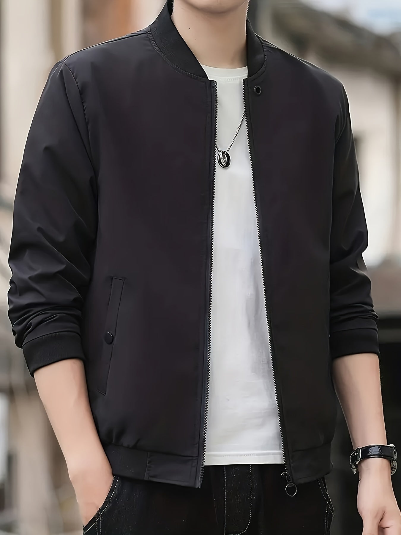 1pc Men'S Casual Stand Collar Bomber Jacket, Solid Color Long Sleeve Non-Stretch Woven Acetate with Pockets, Polyester Lined Zip-Up Lightweight Outerwear for Spring/Fall