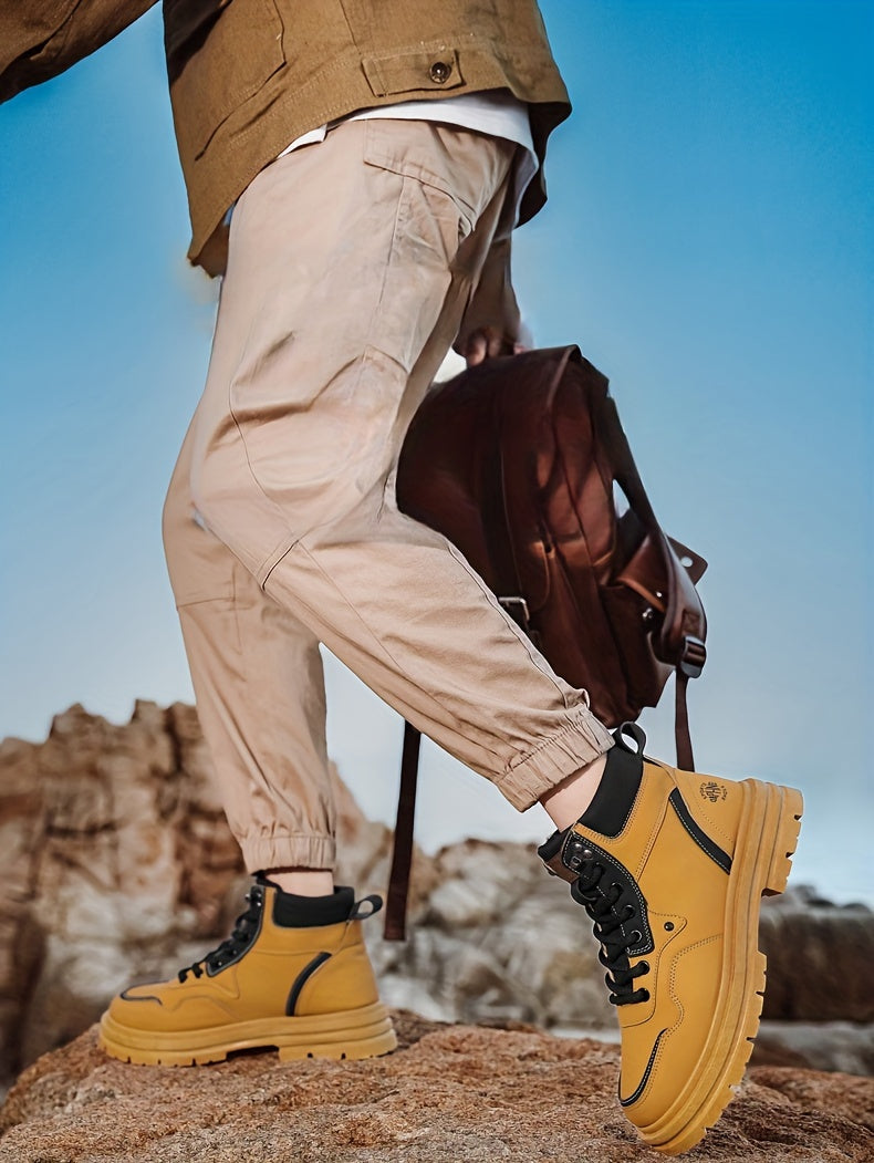 Large Size High Top Casual Shoes Short Boots Men's Big Yellow Boots High Top Trendy Versatile British Style Short Boots Mid Top Work Boots Men's Hiking Boots