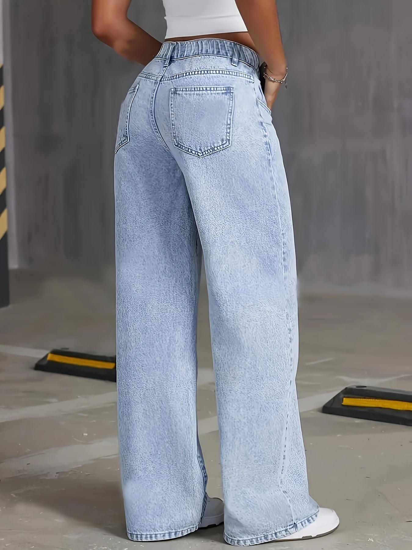 1pc Women'S Plus Size High-Waisted Denim Jeans, Casual Straight-Leg Washed Denim Pants with Built-in Zipper, H-Line Loose Fit Long Trousers for All Seasons
