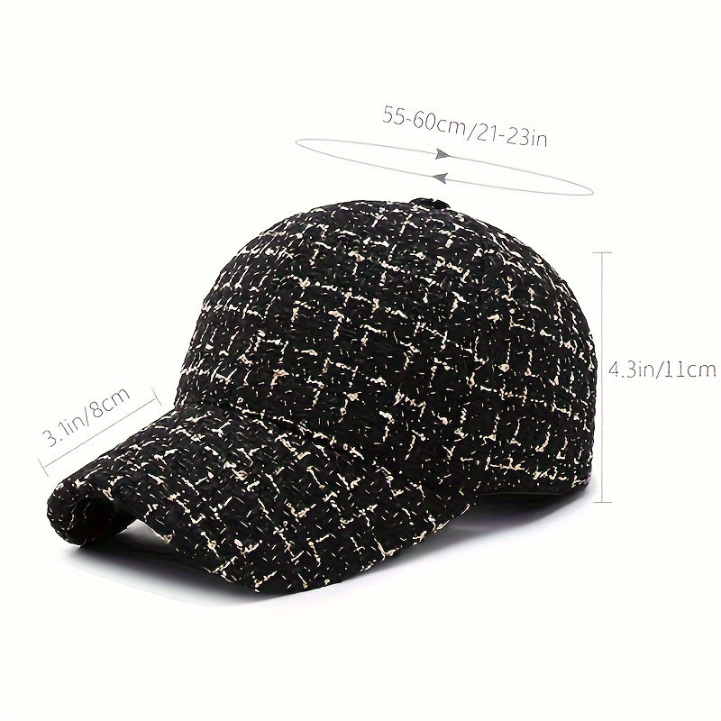 1pc Trendy Black & White Checkered Baseball Cap with Sparkly Golden Embroidery - Stylish Sun Protection Hat for Spring and Fall, Hand Wash Only, Polyester Material, Casual Wear Hat | Checkered Pattern Cap | Woven Texture Cap