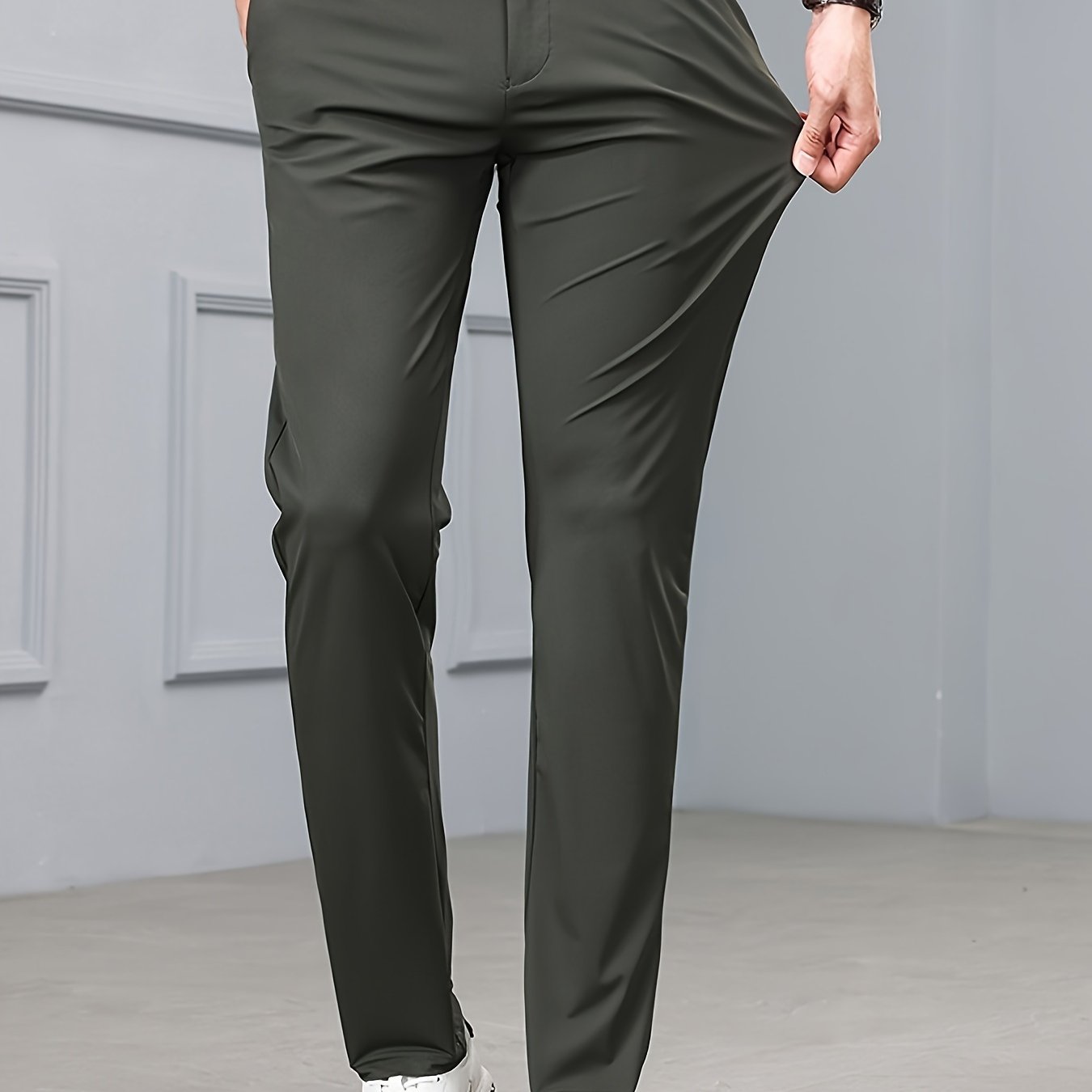 Men's Slim-Fit Stretch Casual Pants with Multiple Pockets - Waterproof, UV Protection, Light Gray, Straight Leg, Nylon Blend for Spring/Fall, Button Closure, Comfortable & Stylish Design, Everyday Comfort Pants | Modern Casua