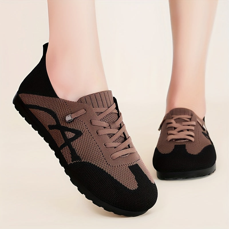 Women's Lightweight Breathable Slip-On Sneakers - Casual Low-Top Shoes with Knit Fabric Upper Durable PVC Sole, Comfortable for Indoor Outdoor Spring Wear, Brown Black, Ladies Sneakers